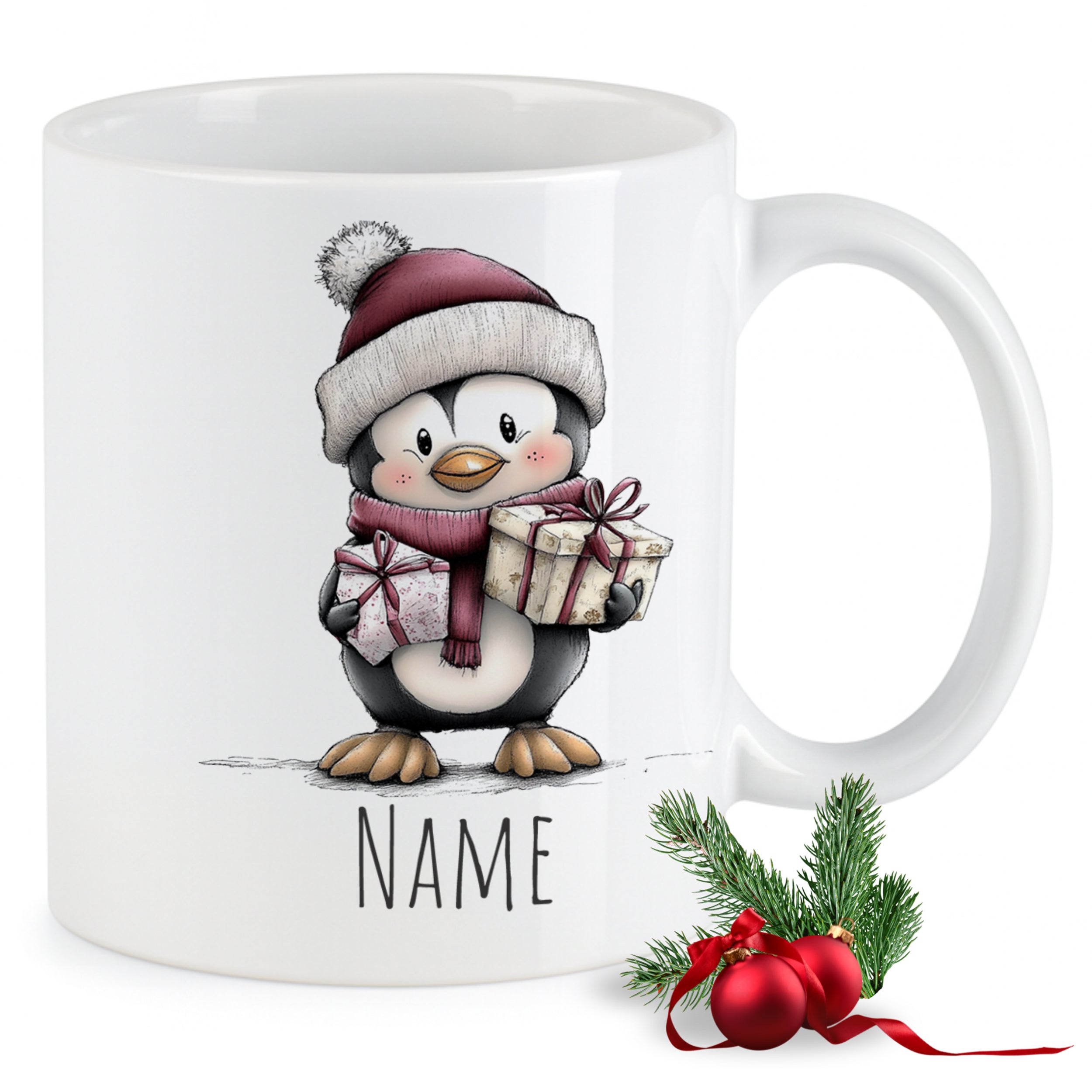 Weißer Becher mit niedlichem Pinguin und Geschenken.