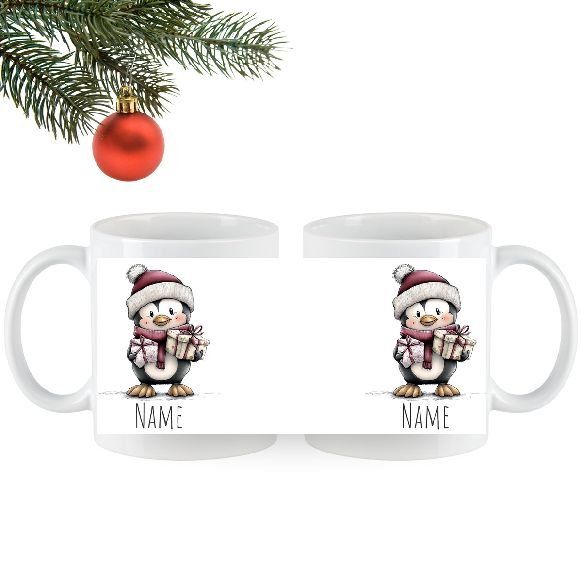 Weiße Tassen mit niedlichem Pinguin und Geschenken.