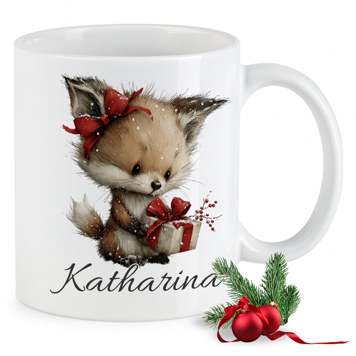 Tasse mit niedlichem Fuchs und rotem Geschenk.