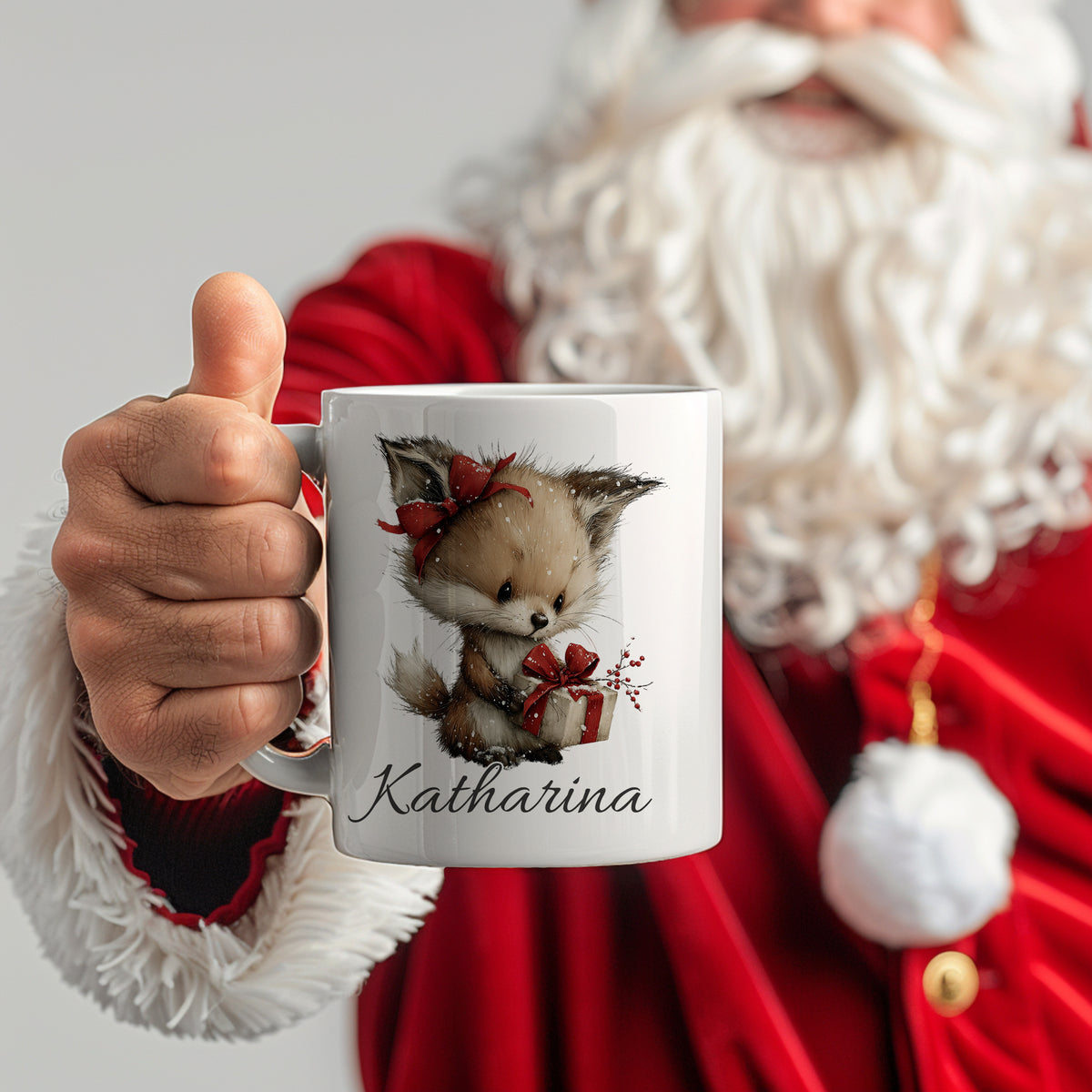 Weißer Becher mit Fuchs-Motiv und Namen "Katharina".