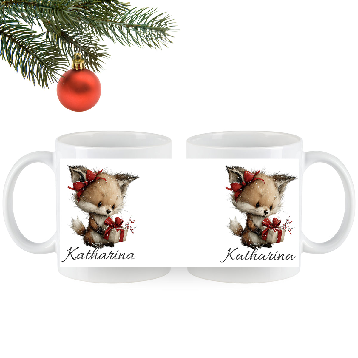 Tassen mit Fuchs-Motiv und rotem Geschenk, personalisiert mit "Katharina".