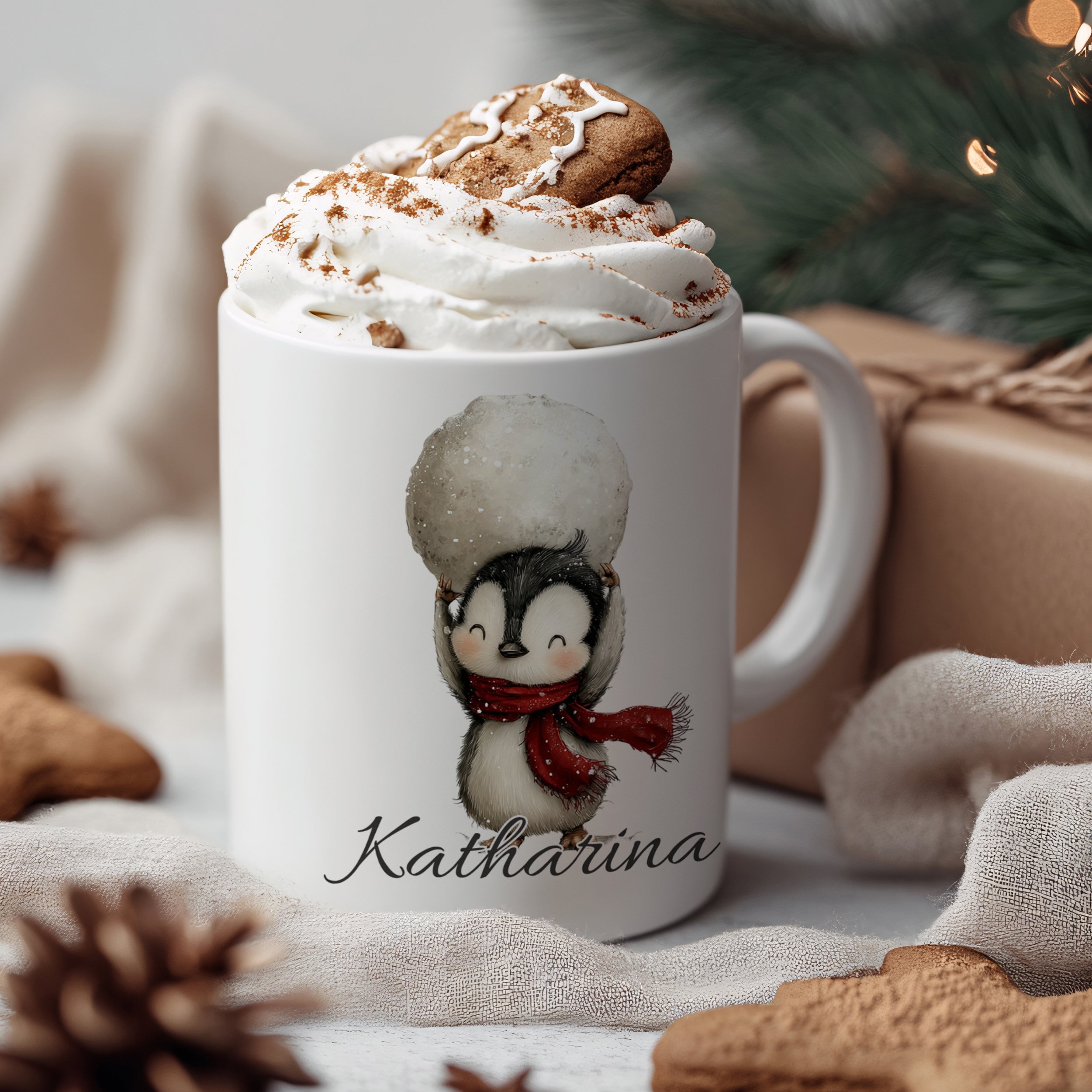 Tasse mit Pinguin-Motiv, weiß, personalisiert mit "Katharina".