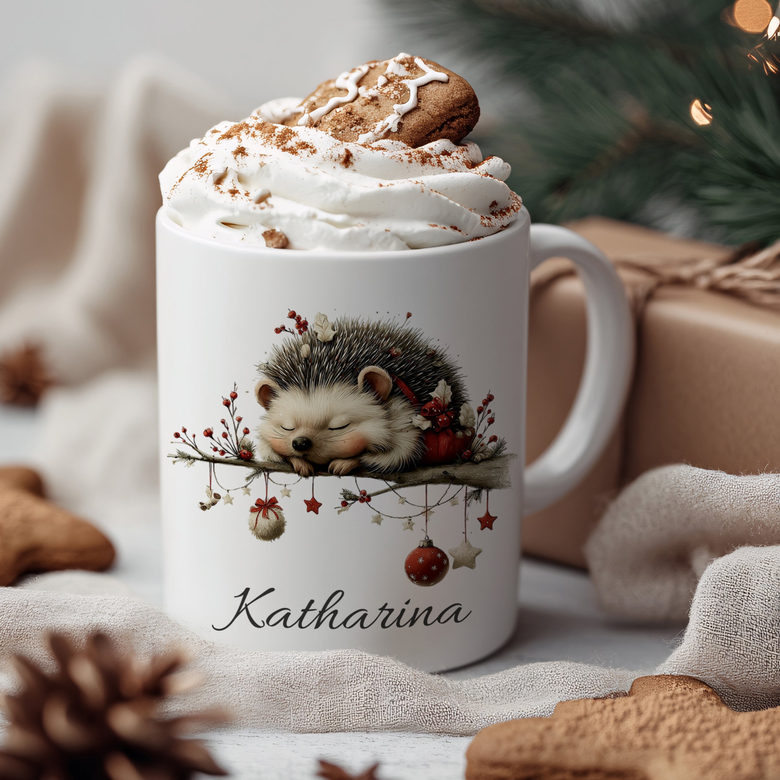 Tasse mit Igel-Motiv, weiß, personalisiert mit "Katharina".