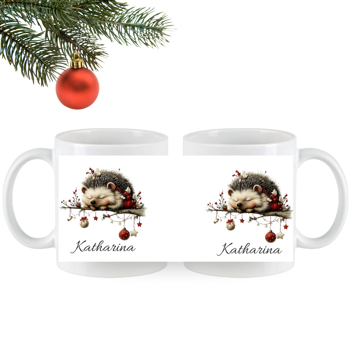 Weiße Tassen mit schlafendem Igel und Name Katharina.