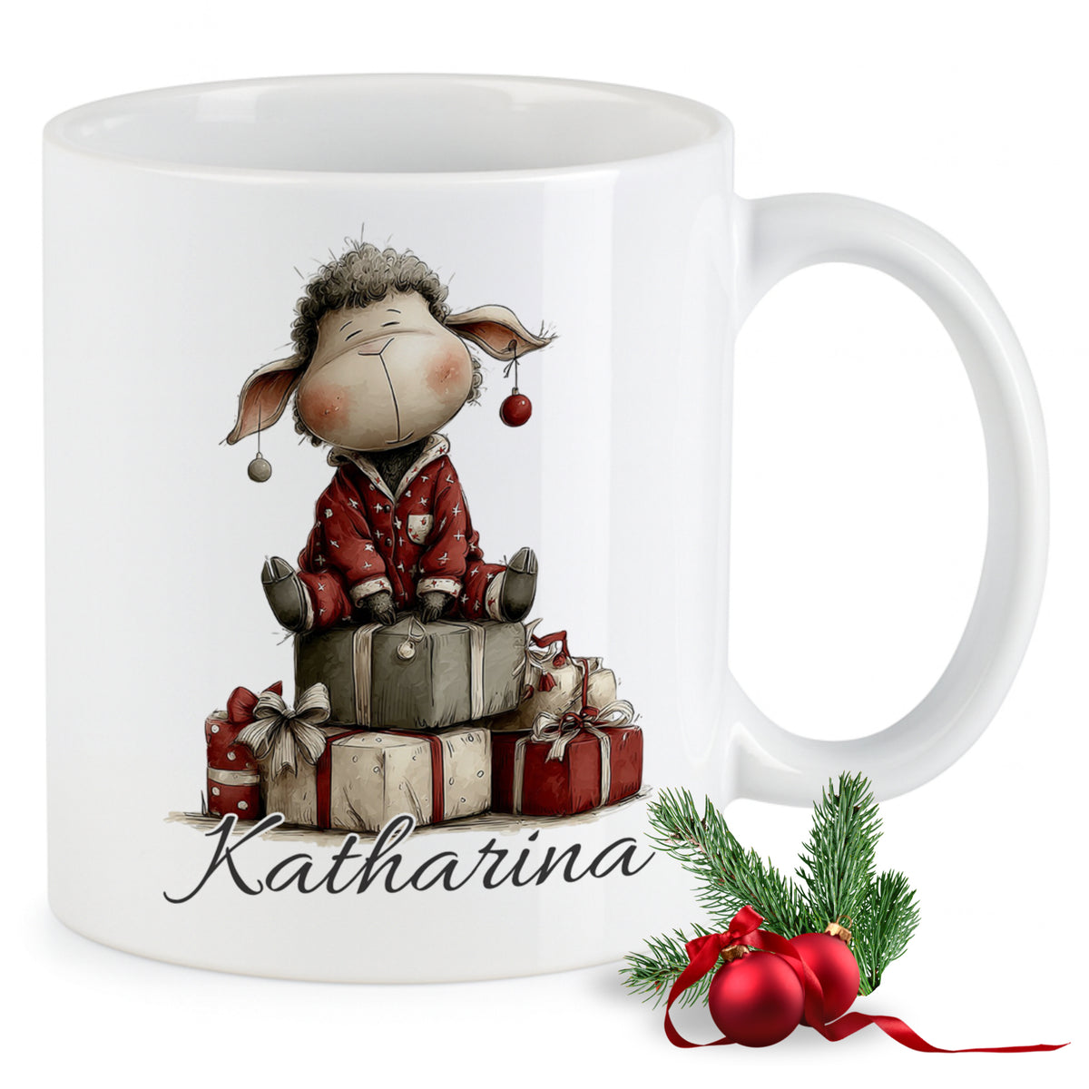 Weißer Becher mit einem Schaf in rotem Pyjama und Geschenken.
