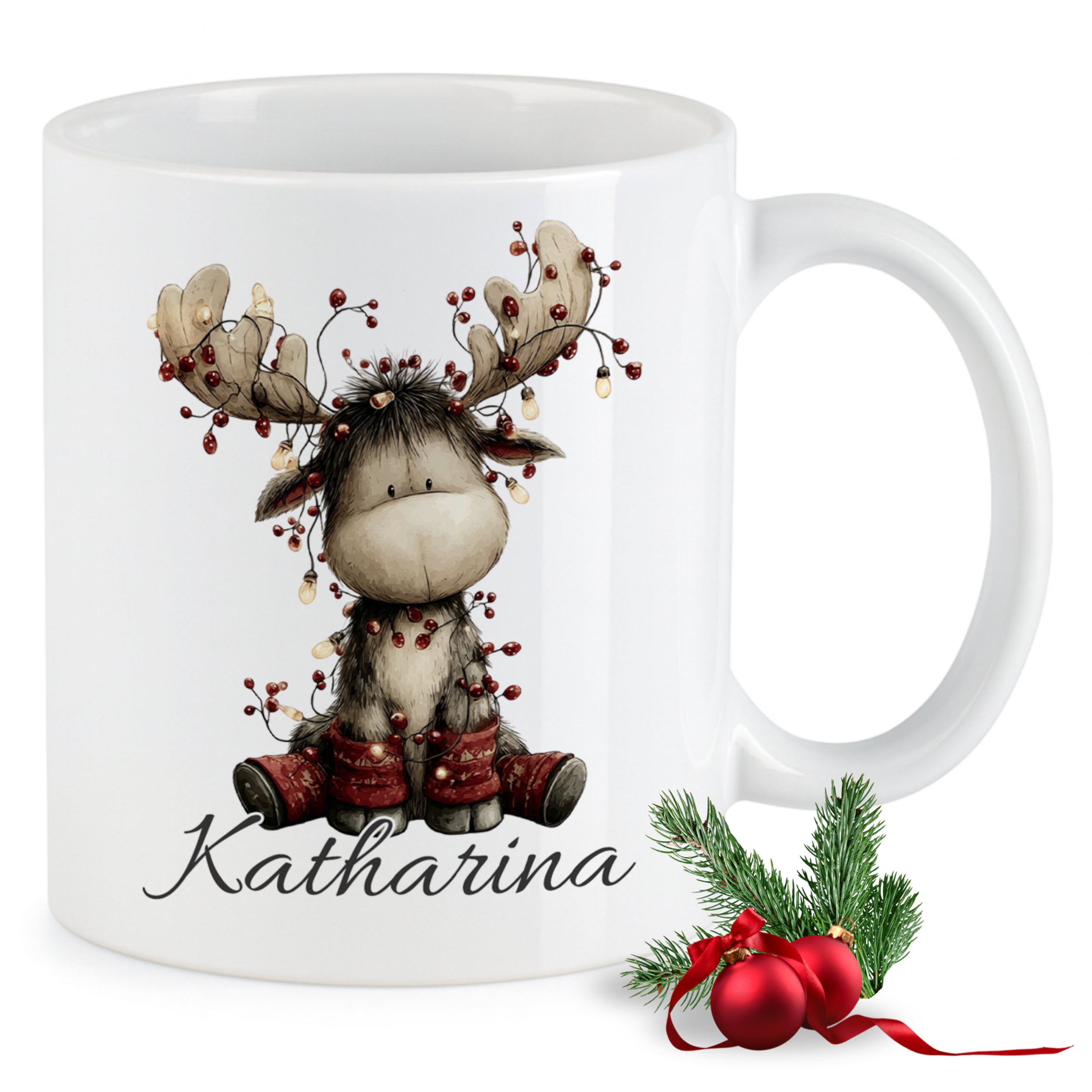 Tasse mit Rentier-Motiv und personalisiertem Namen.