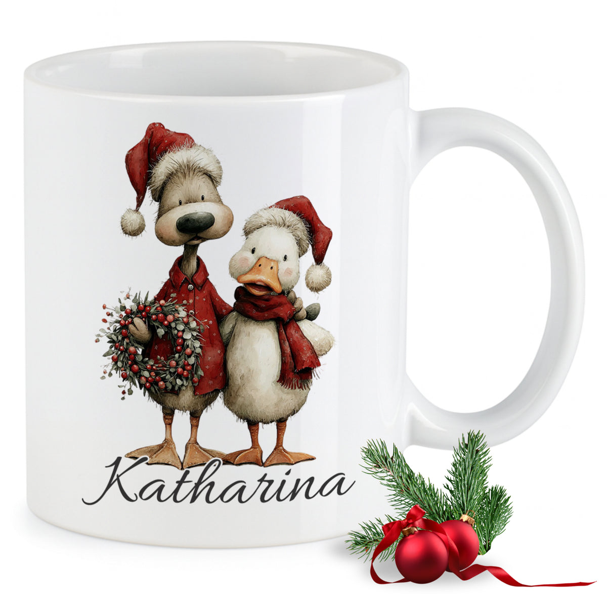 Weißer Becher mit Weihnachtsmotiven und Name "Katharina".
