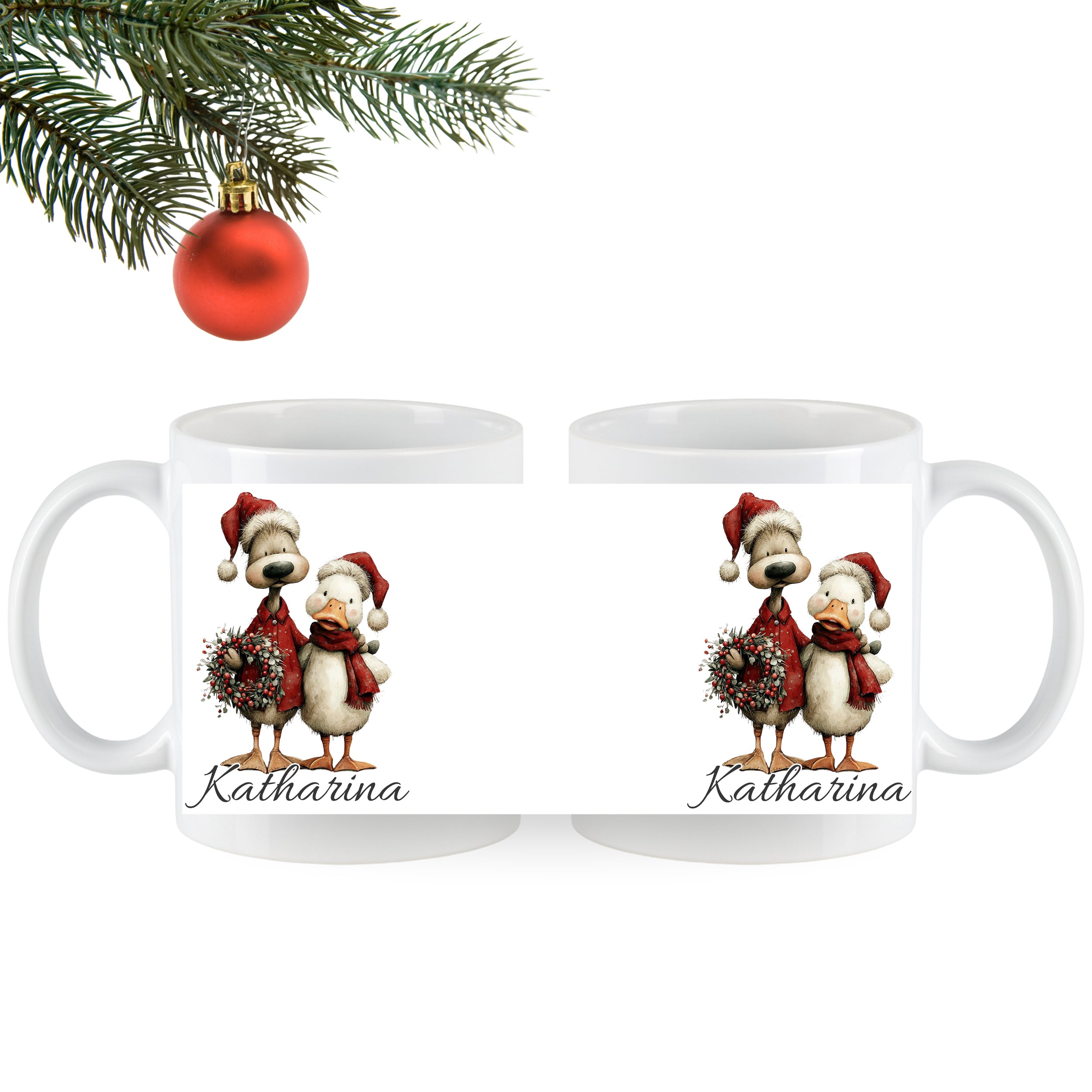 Weihnachtliche Tasse mit Hund und Schneemann, personalisiert.