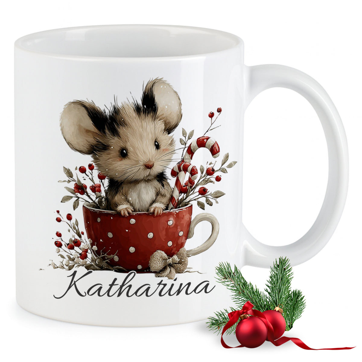 Tasse mit Maus, roter Becher, Weihnachtsdeko, Name Katharina.