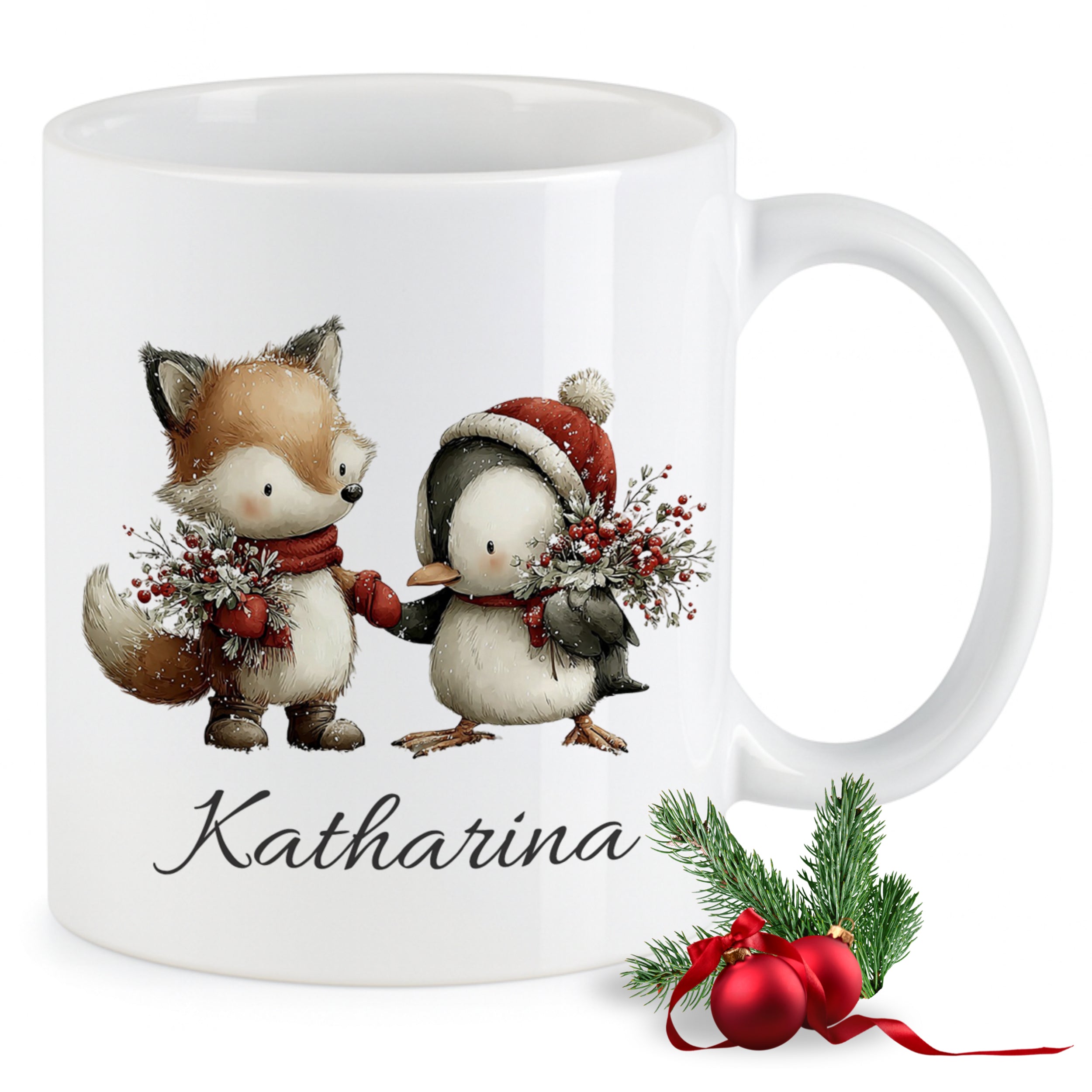 Weißer Becher mit Fuchs und Pinguin, personalisiert mit "Katharina".