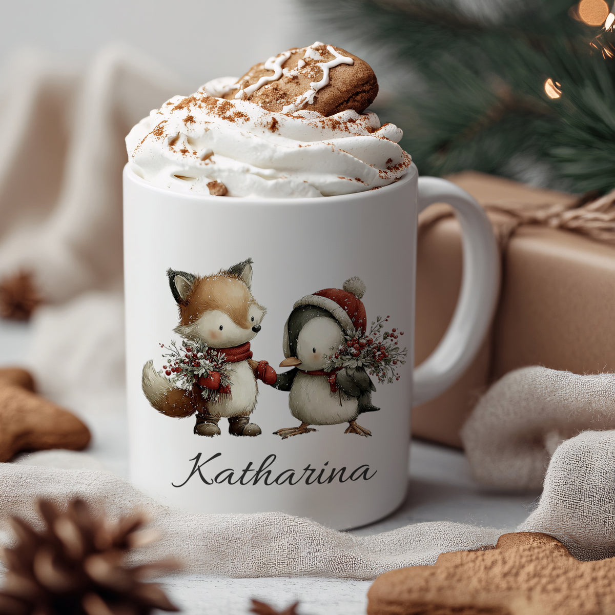 Tasse mit Fuchs und Pinguin, personalisiert für Katharina.