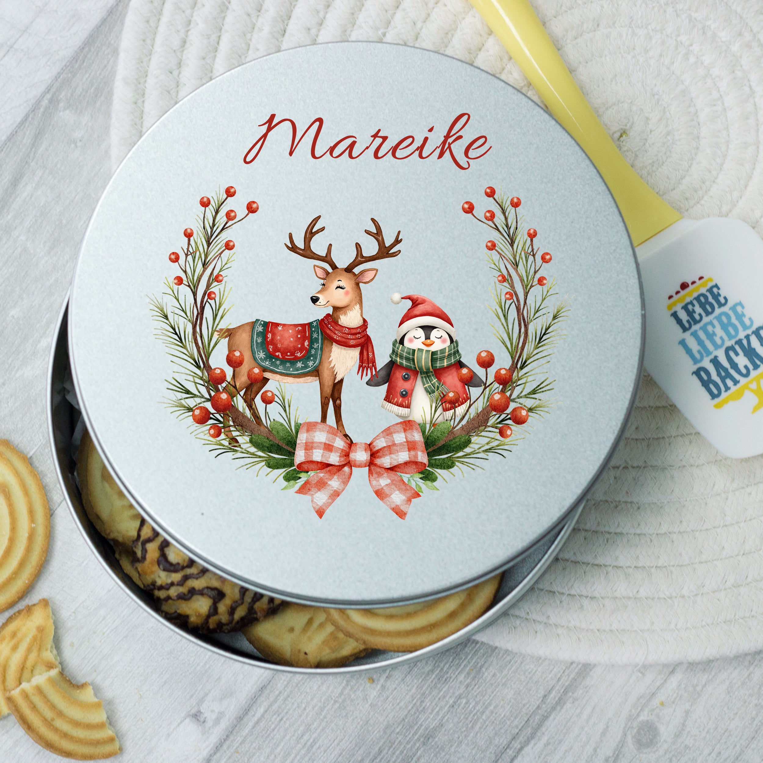 Blechdose mit Reh und Weihnachtsmann, personalisiert, silberfarben.