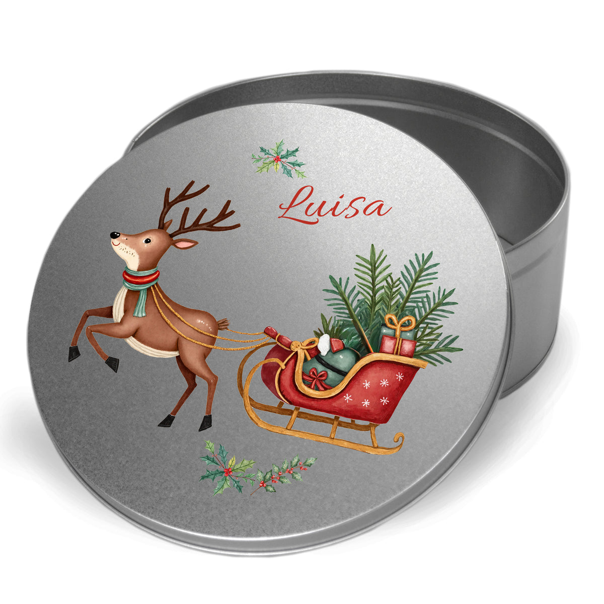 Metallbox mit Rentier und rotem Schlitten, personalisiert mit "Luisa".