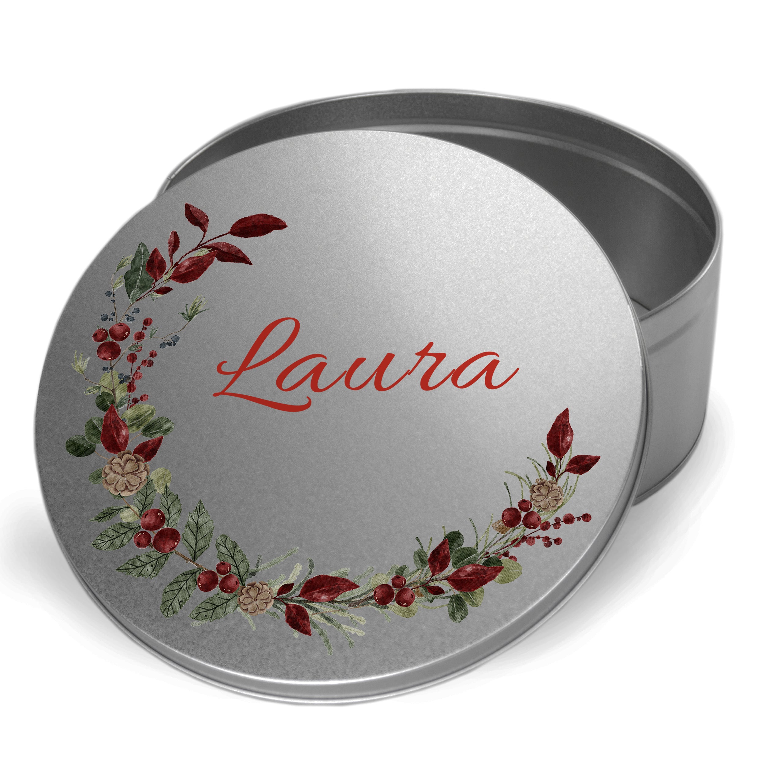 Graue Metalldose mit floralem Muster und Namen „Laura“.