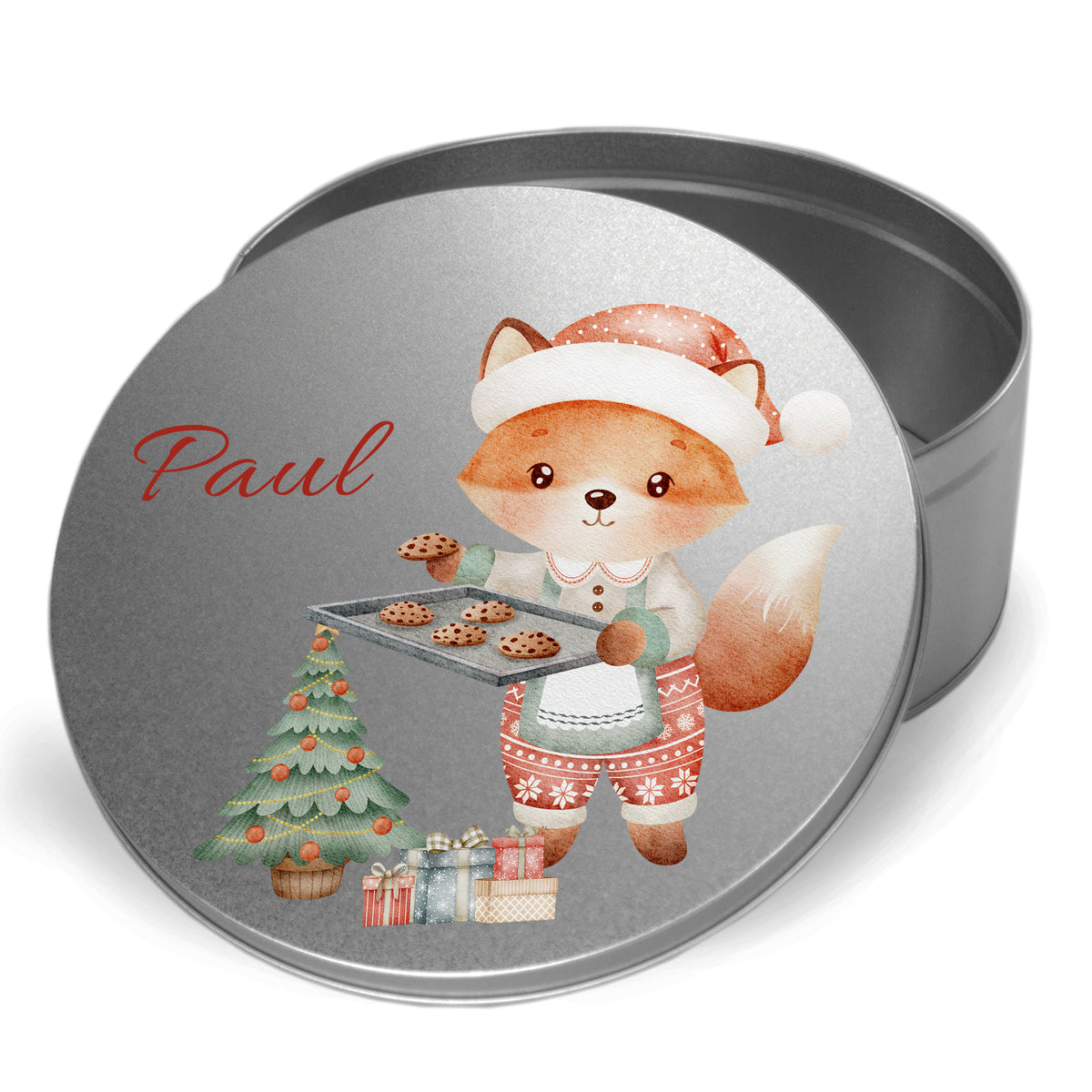 Keksdose mit Fuchs, Weihnachtsbaum und personalisiertem Namen.