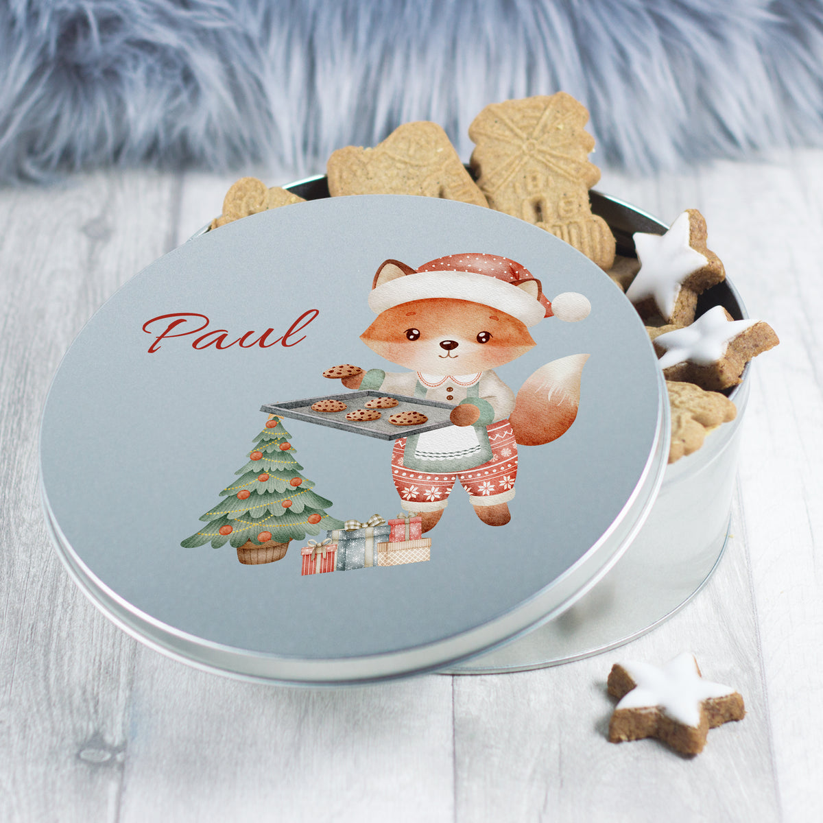Runde Keksdose mit Fuchs, Weihnachtsbaum und Namen Paul.