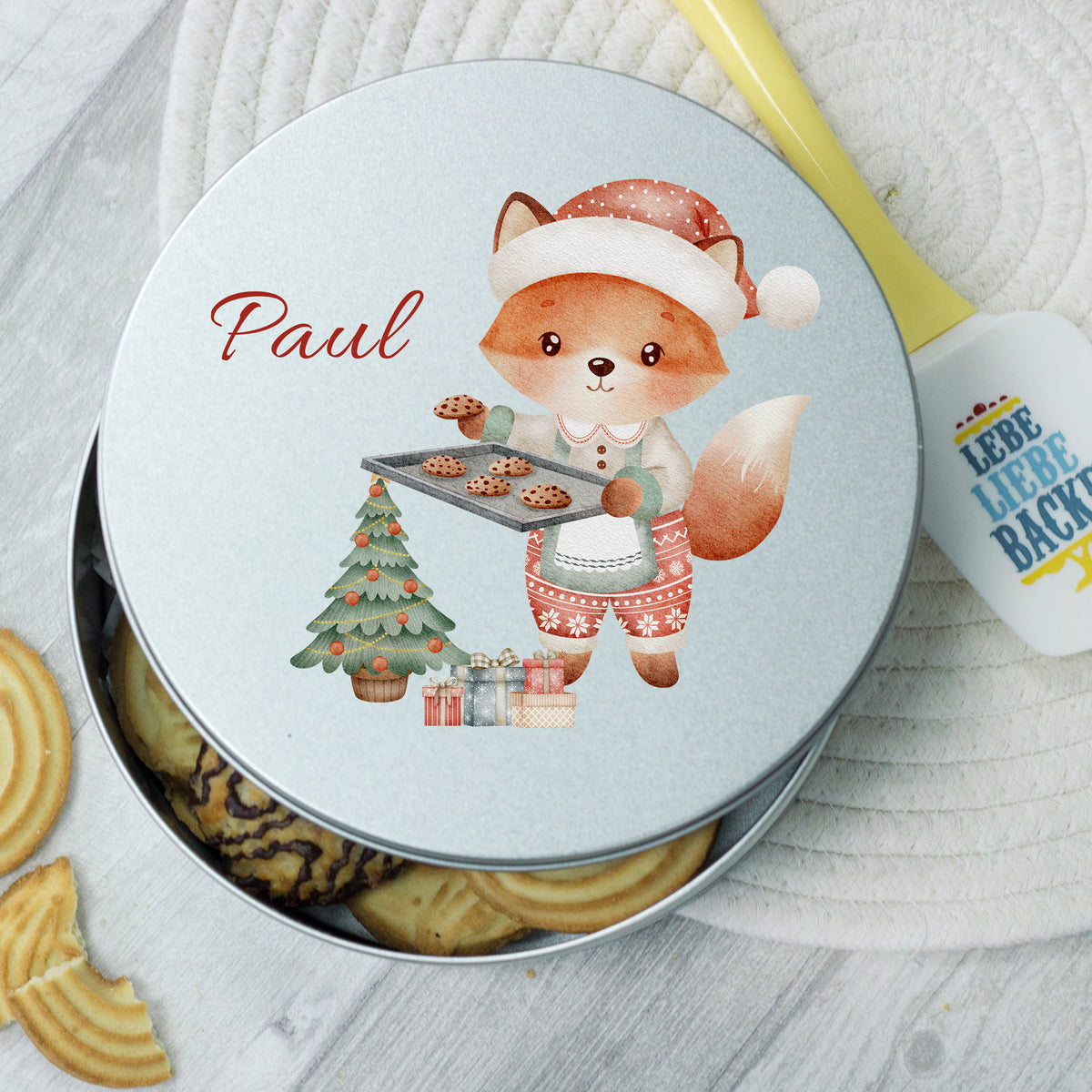 Keksdose mit Fuchs-Motiv, silberfarben, Weihnachtsdesign.