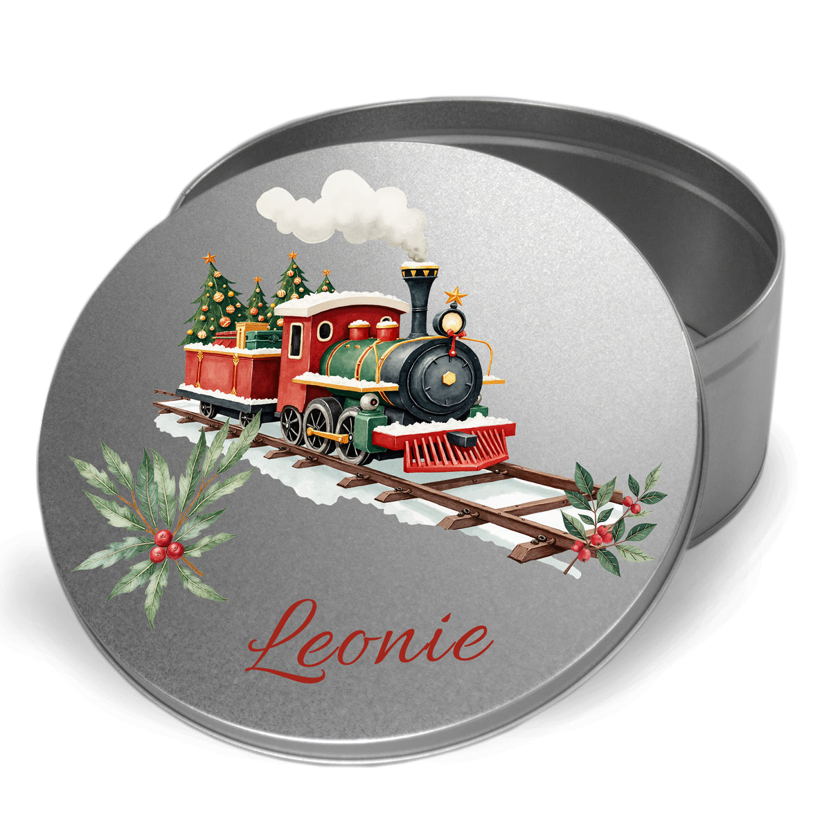 Runde Blechdose mit rotem Weihnachtszug und personalisiertem Namen.