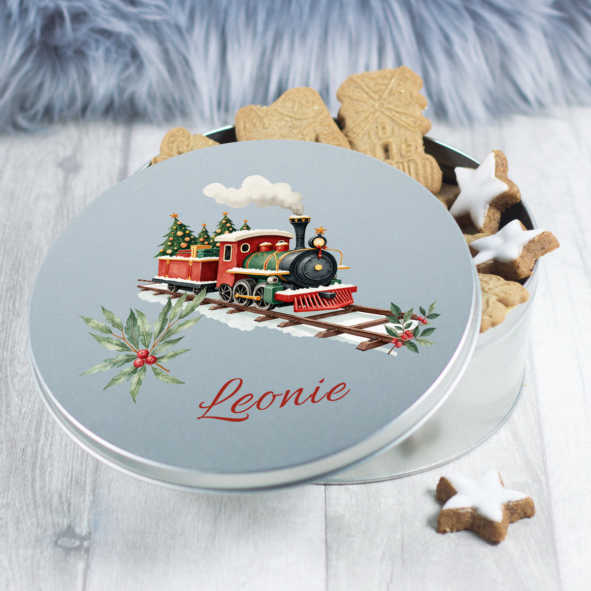 Blechdose mit Zugmotiv, personalisiert, hellblau, Weihnachtsgebäck.