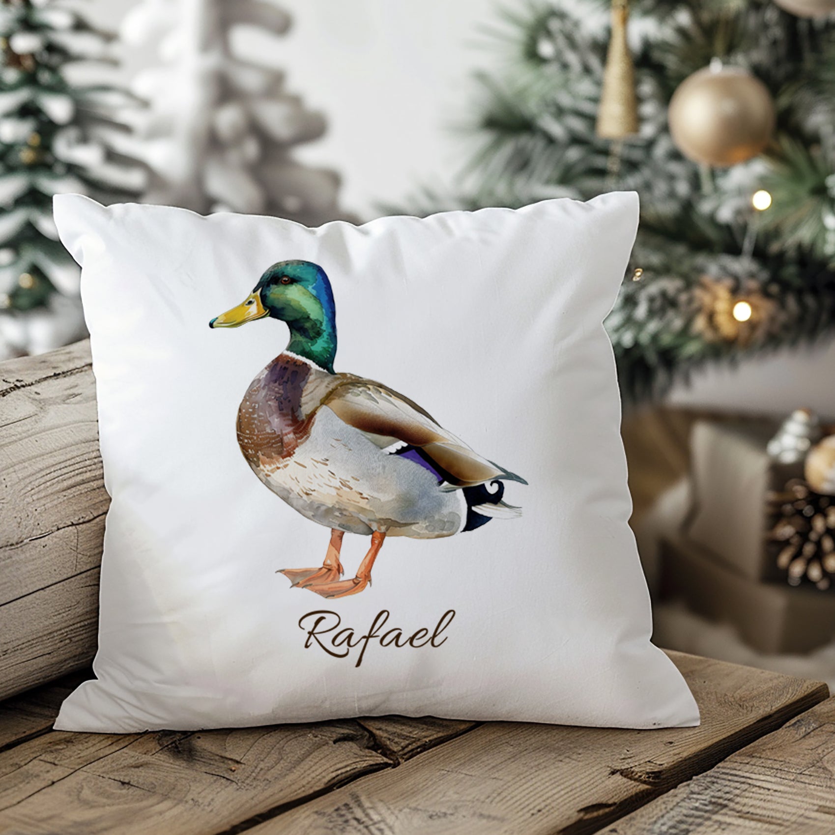 Kissenbezug mit Entenmotiv und Wunschname in Weihnachtsszene