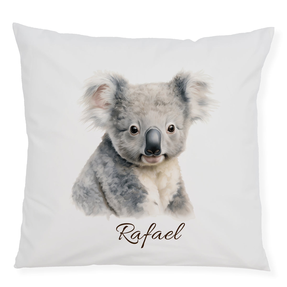 Kissenbezug mit Koalamotiv und Wunschname auf weißem Hintergrund