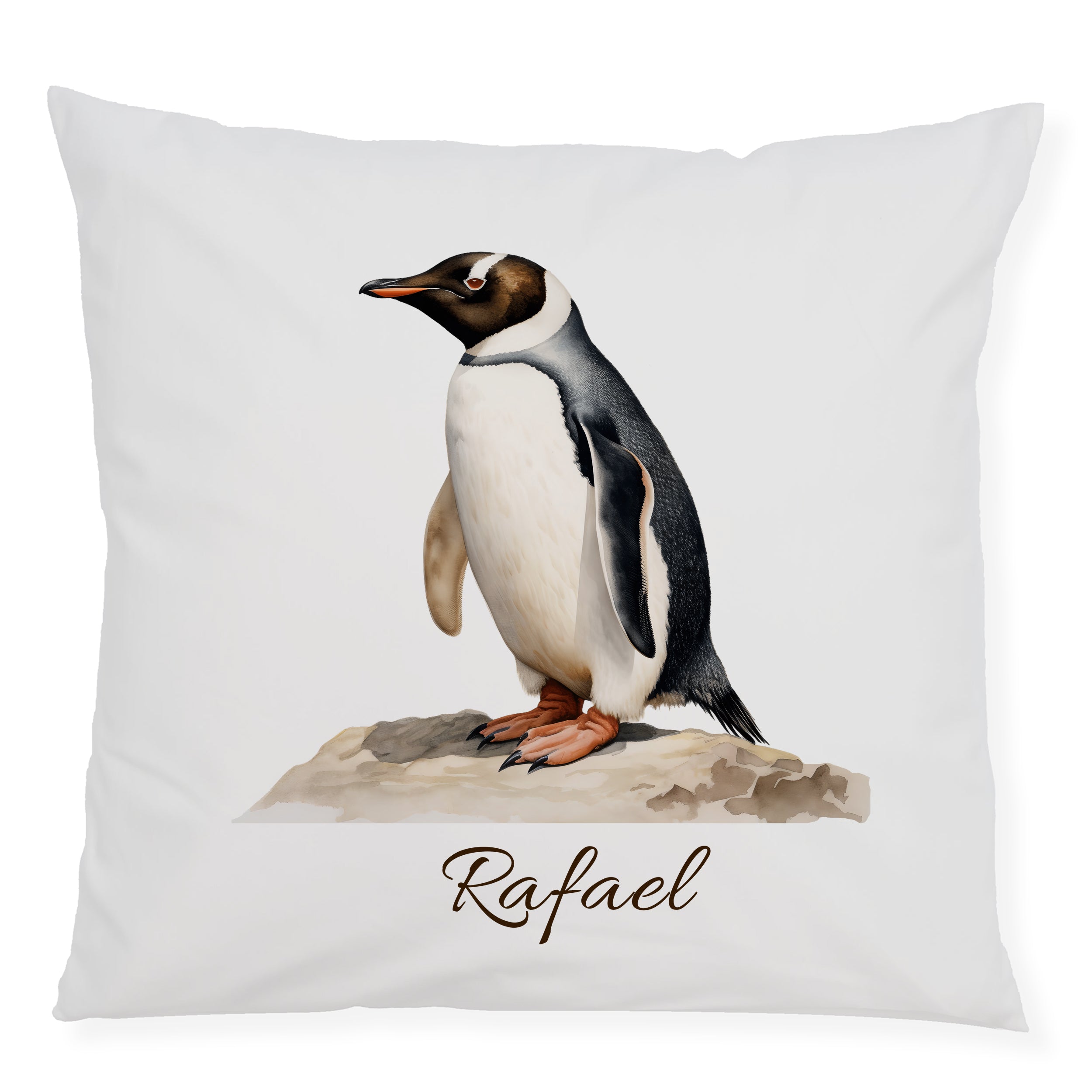 Kissenbezug mit Pinguinmotiv und Wunschname auf weißem Hintergrund