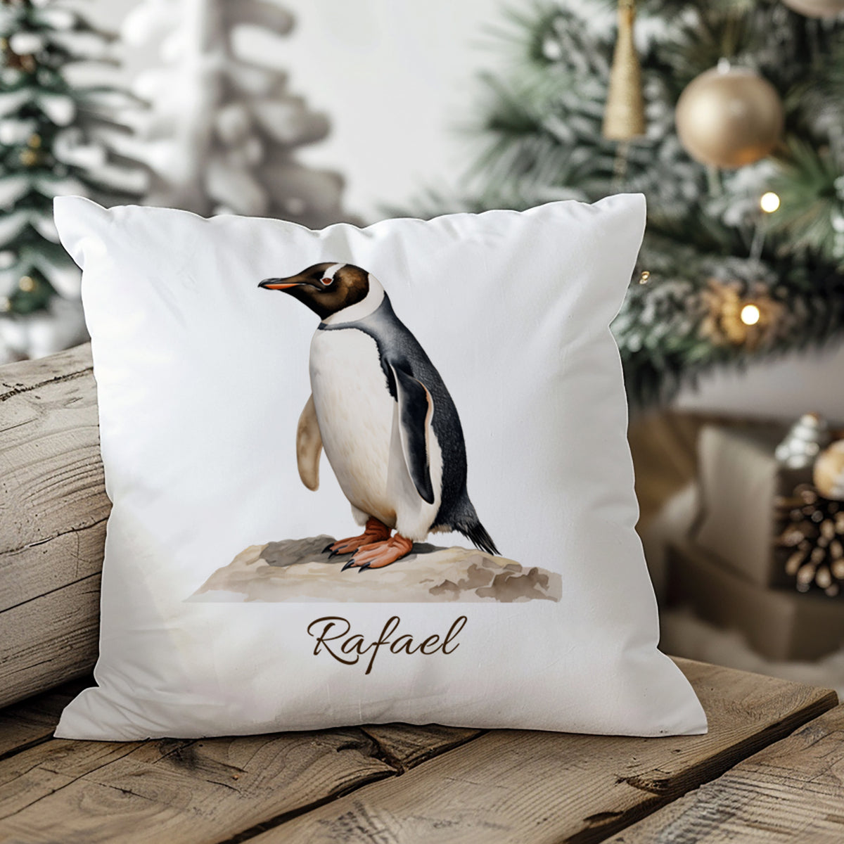 Kissenbezug mit Pinguinmotiv und Wunschname in weihnachtlicher Wohnszene