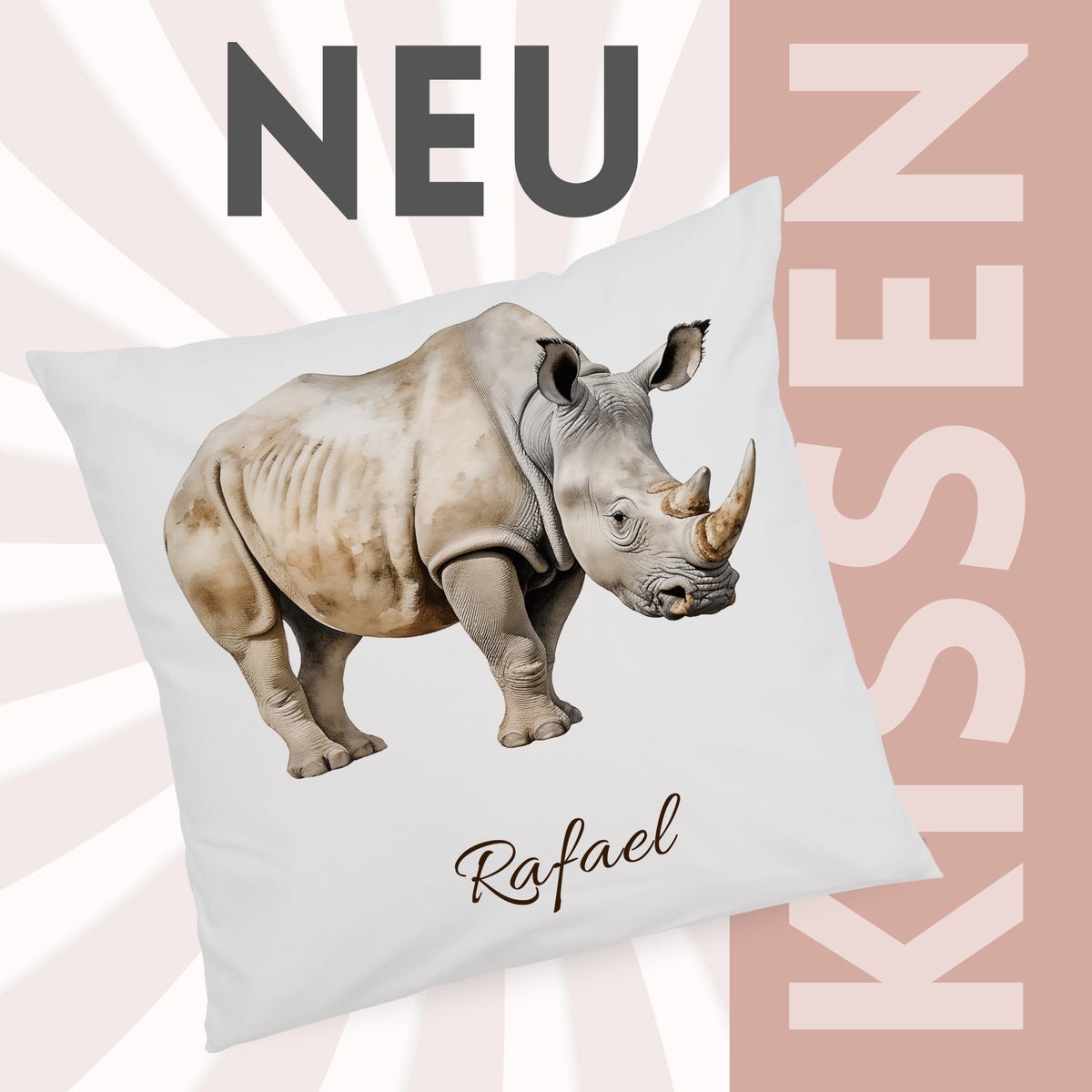 Kissenbezug mit Nashornmotiv und Wunschname vor grafischem Hintergrund