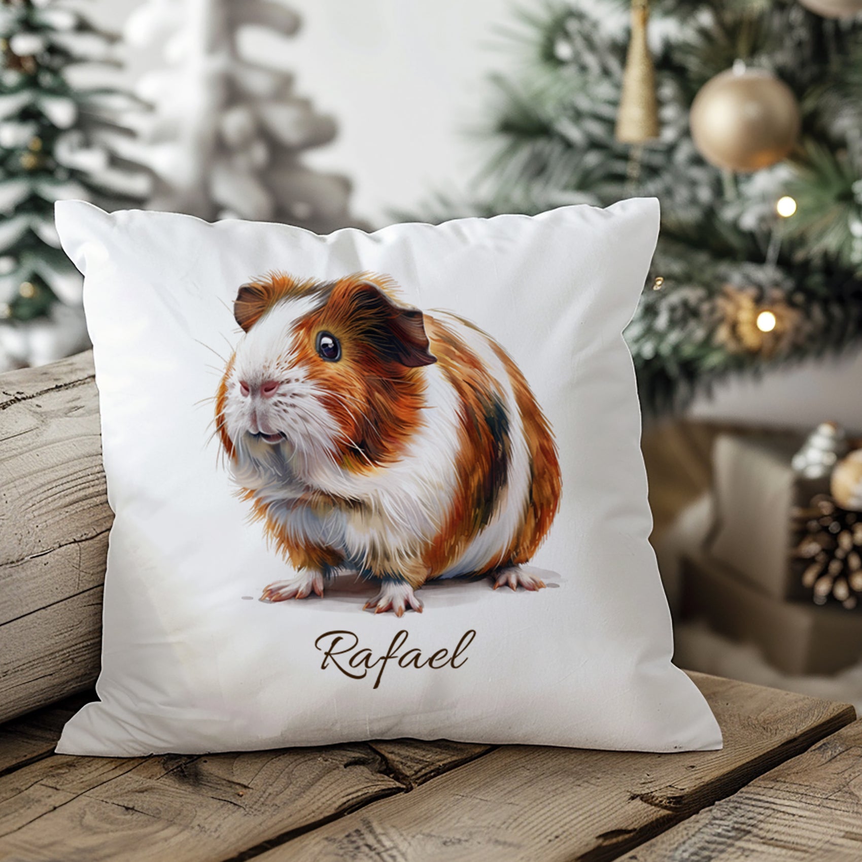 Kissenbezug mit Meerschweinchenmotiv und Wunschname in weihnachtlicher Wohnszene