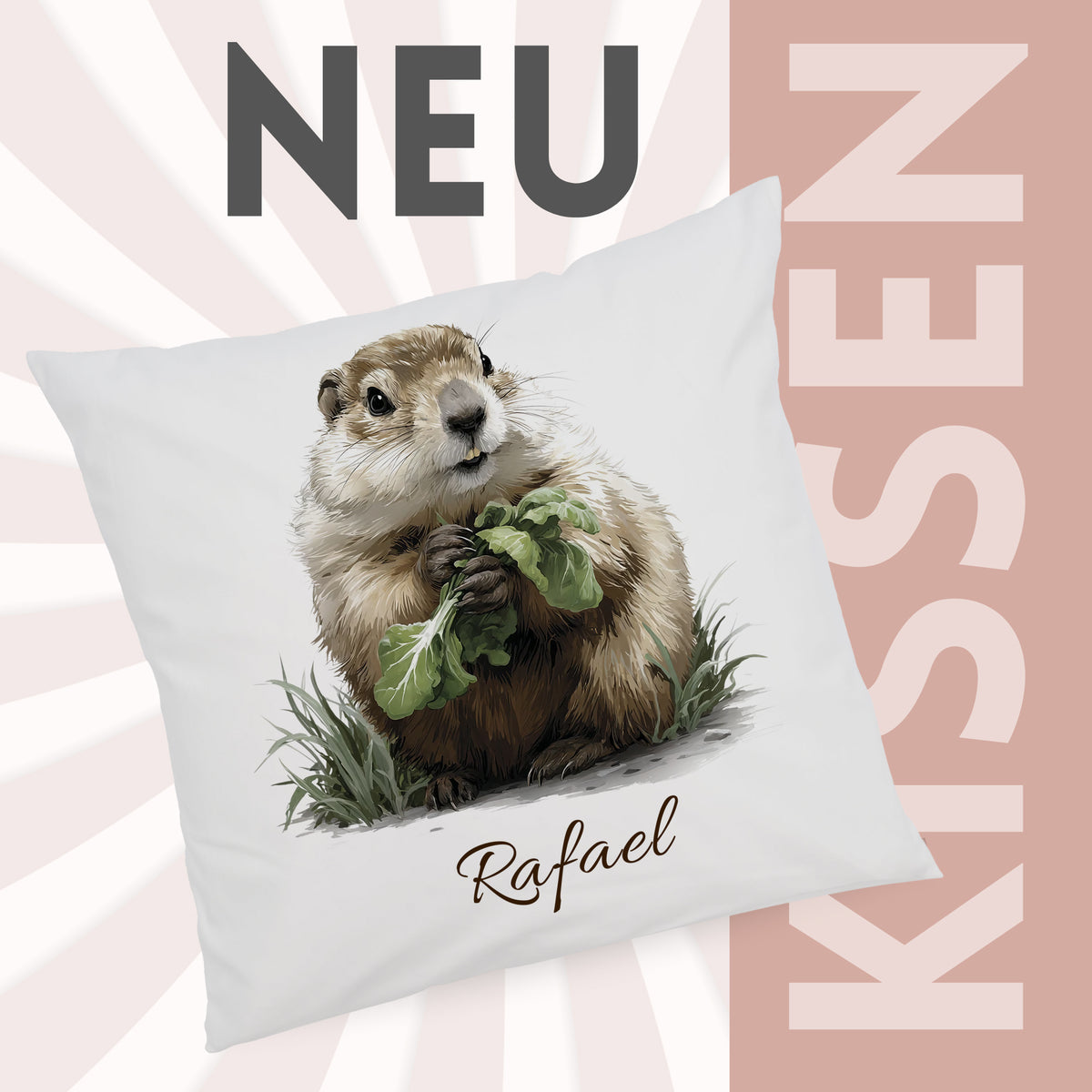 Kissenbezug mit Murmeltiermotiv und Wunschname vor grafischem Hintergrund