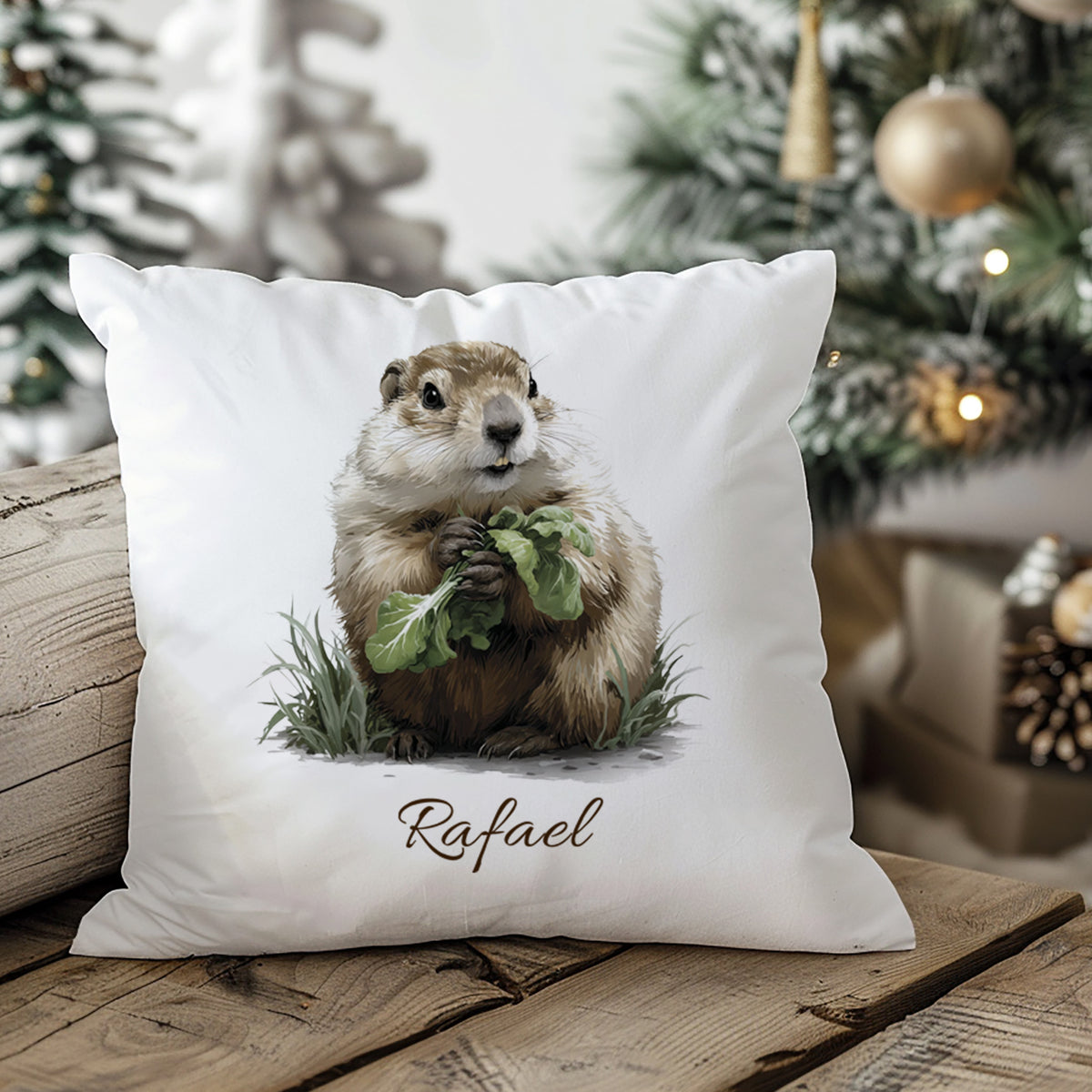 Kissenbezug mit Murmeltiermotiv und Wunschname in weihnachtlicher Wohnszene
