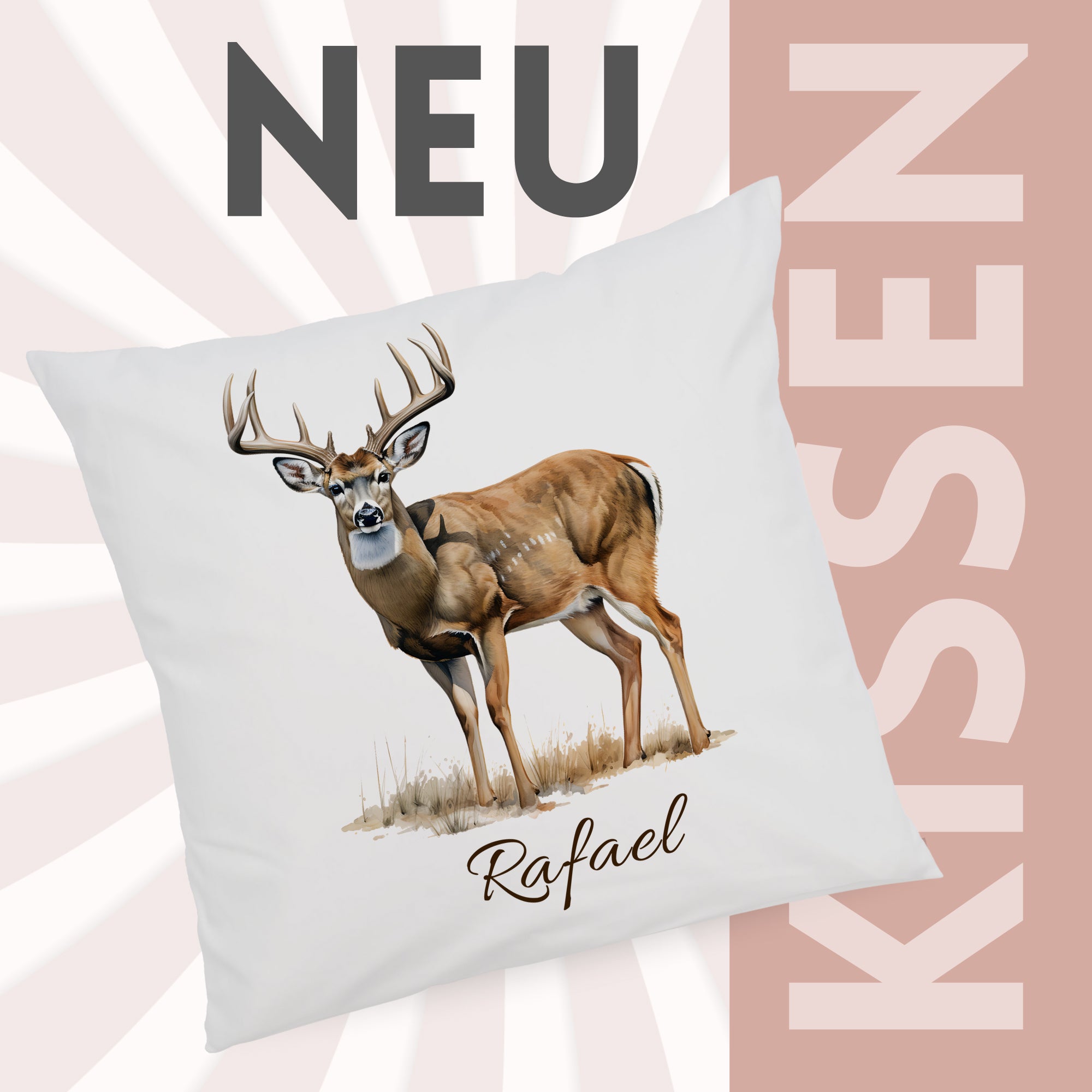 Kissenbezug mit Rehmotiv und Wunschname vor grafischem Hintergrund