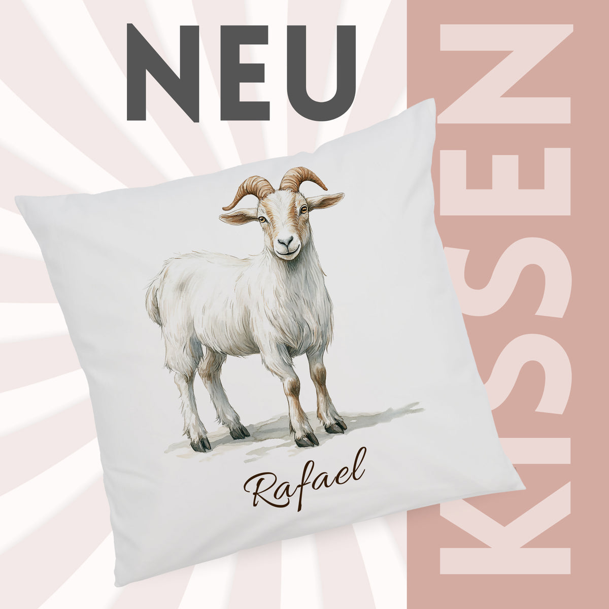 Kissenbezug mit Ziegenmotiv und Wunschname vor grafischem Hintergrund