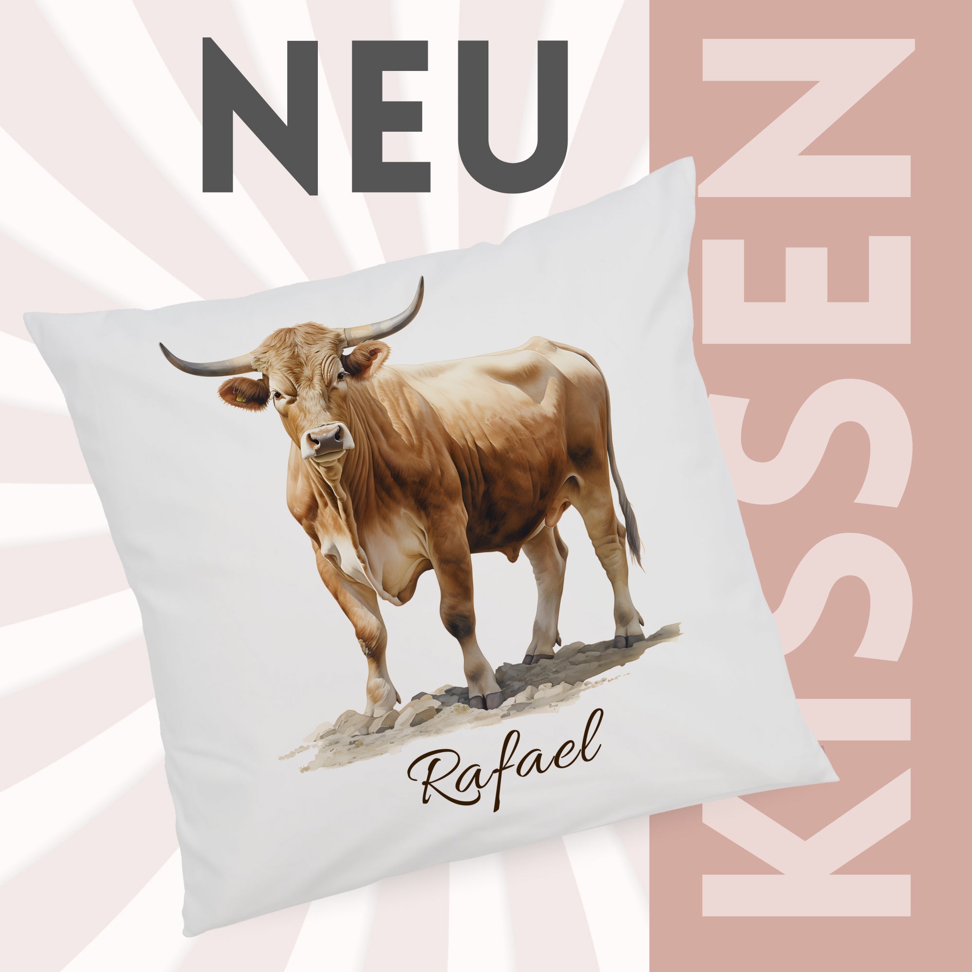 Kissenbezug mit Bullenmotiv und Wunschname vor grafischem Hintergrund