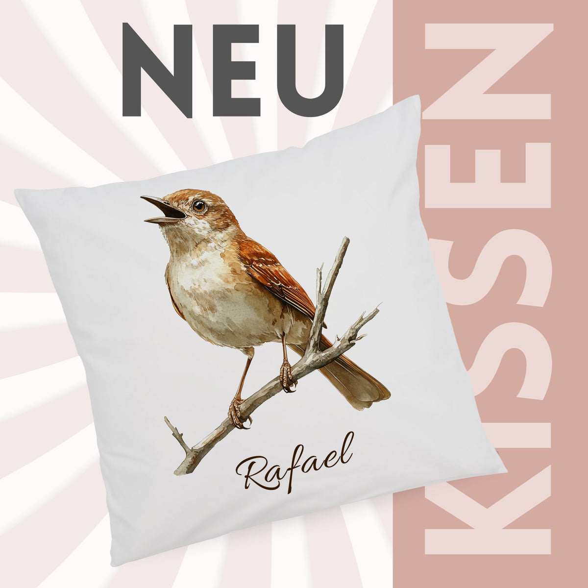 Kissenbezug mit Rotkehlchenmotiv und Wunschname vor grafischem Hintergrund