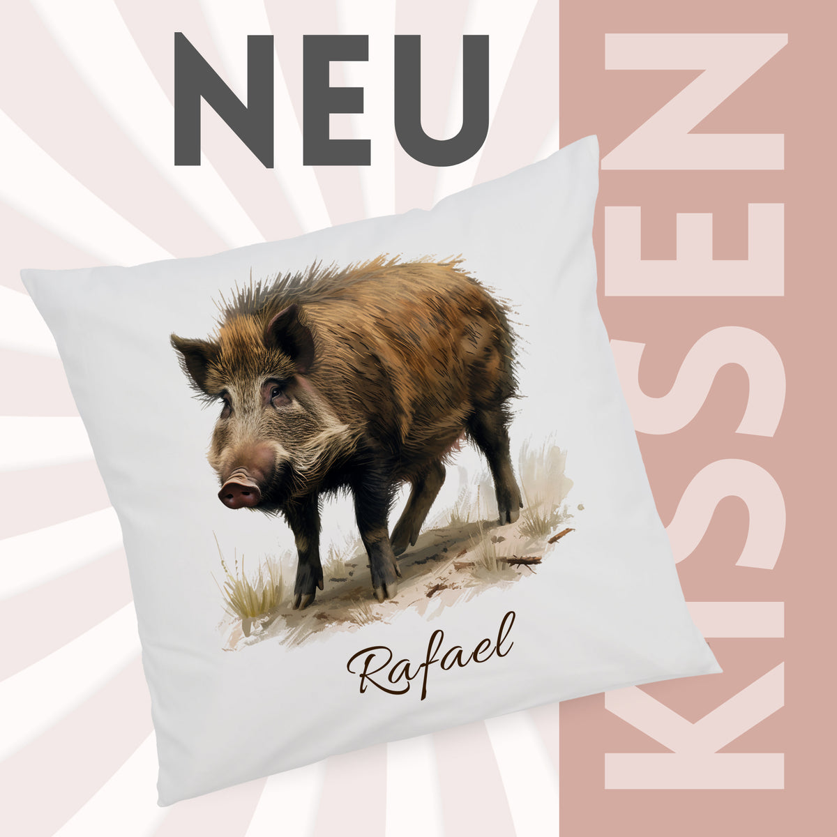 Kissenbezug mit Wildschweinmotiv und Wunschname vor grafischem Hintergrund