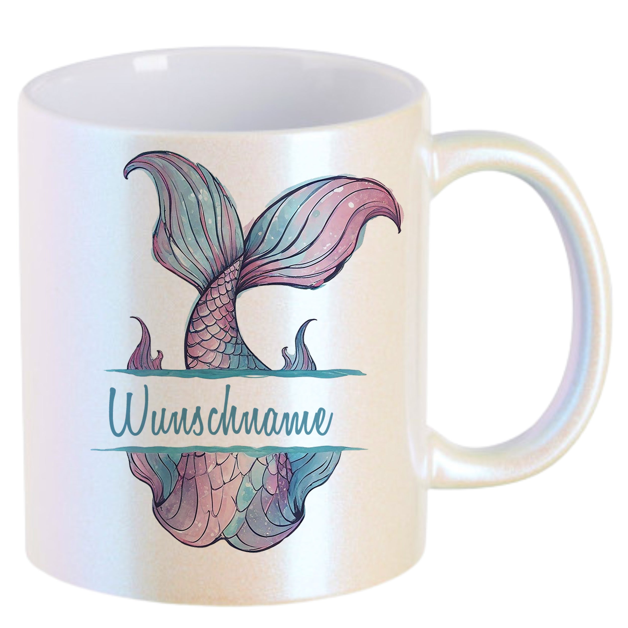 Helle Tasse mit Meerjungfrauenflosse und Wunschname.