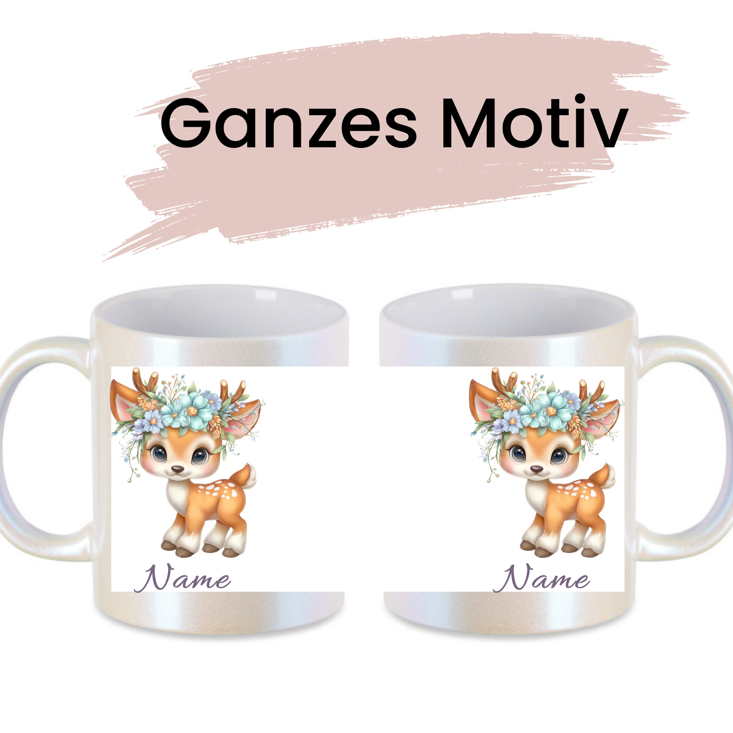 Tassen mit Reh-Motiv und personalisierbarem Namen.