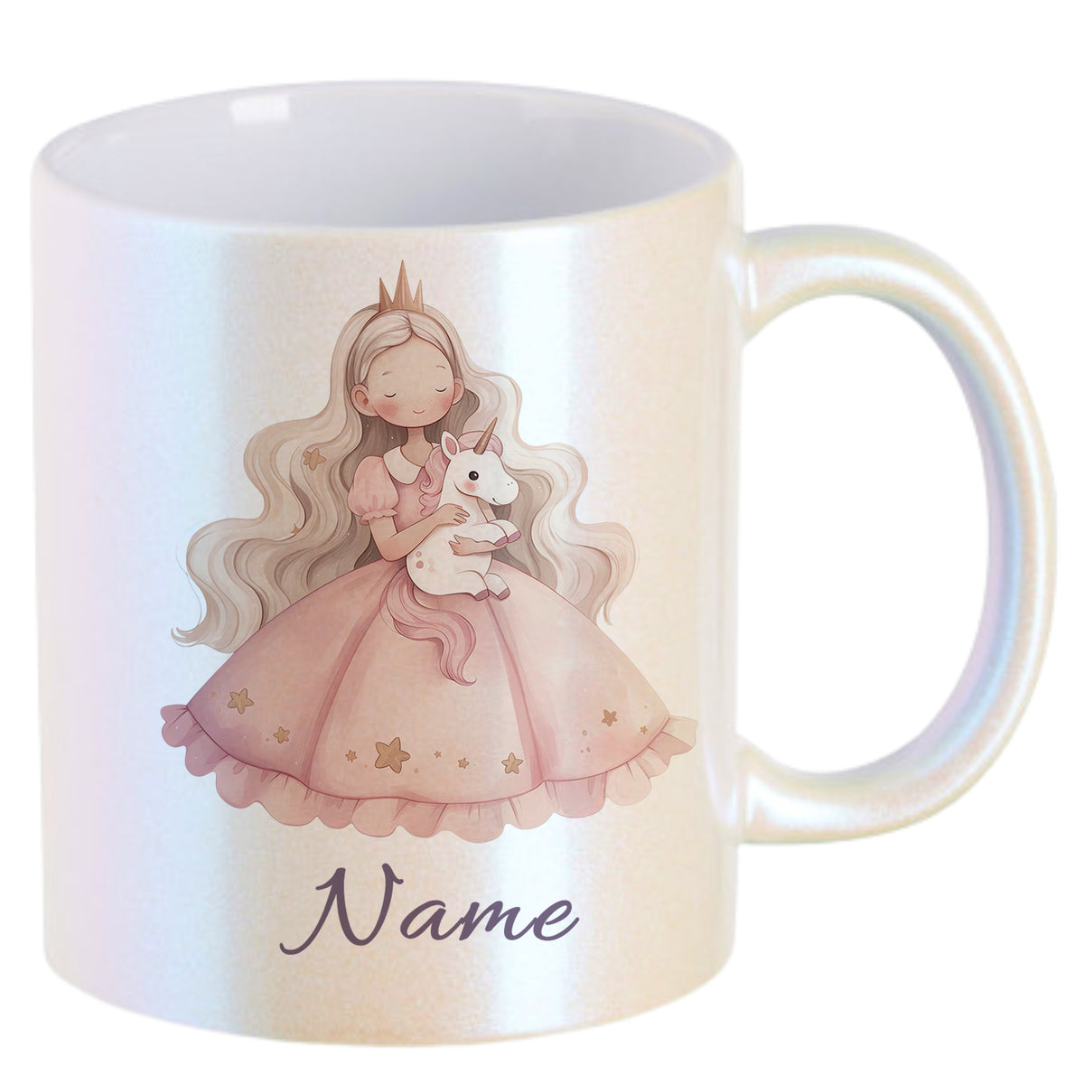 Helle Tasse mit Prinzessin und Einhorn-Design.