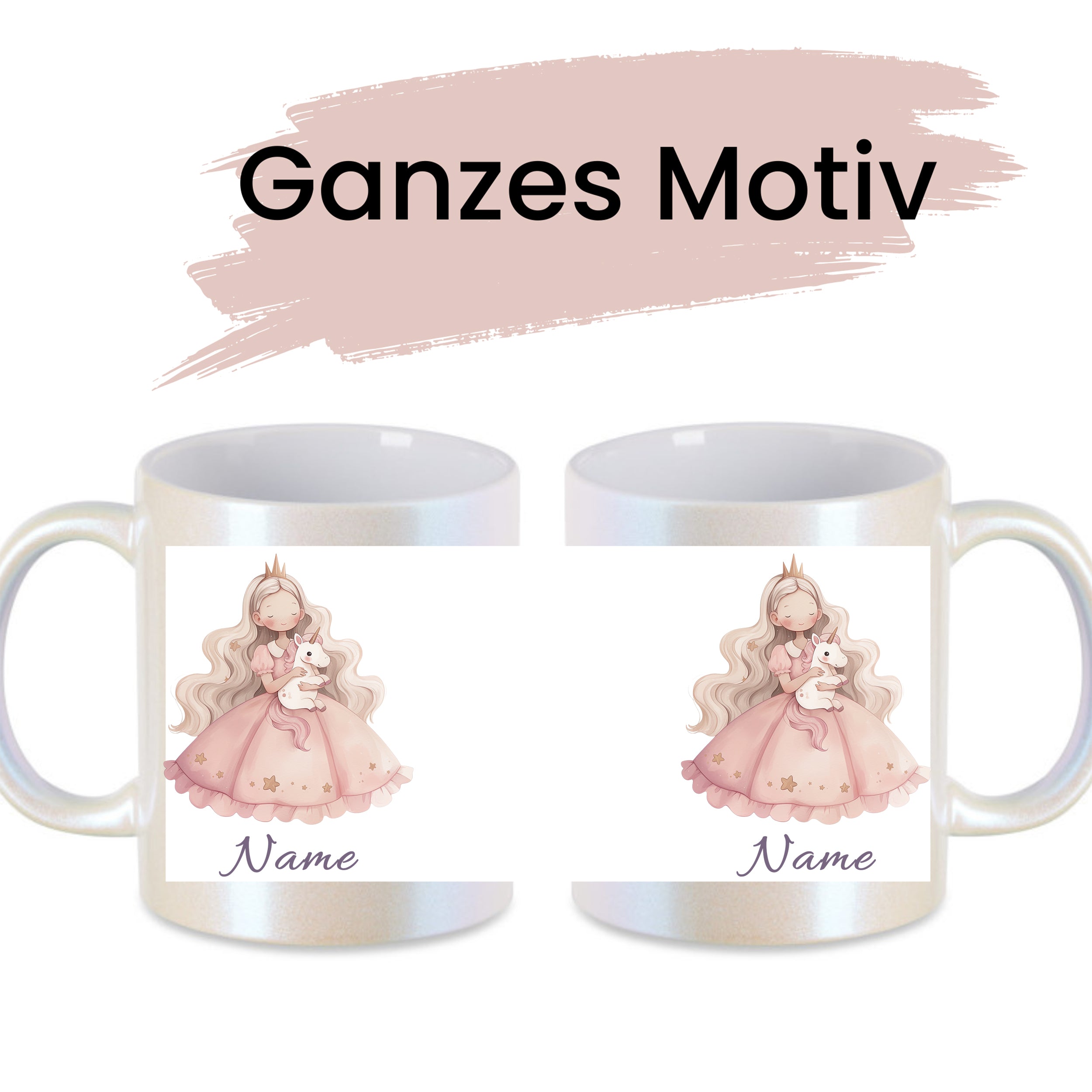Tassen mit rosa Prinzessin-Motiv und personalisierbarem Namen.