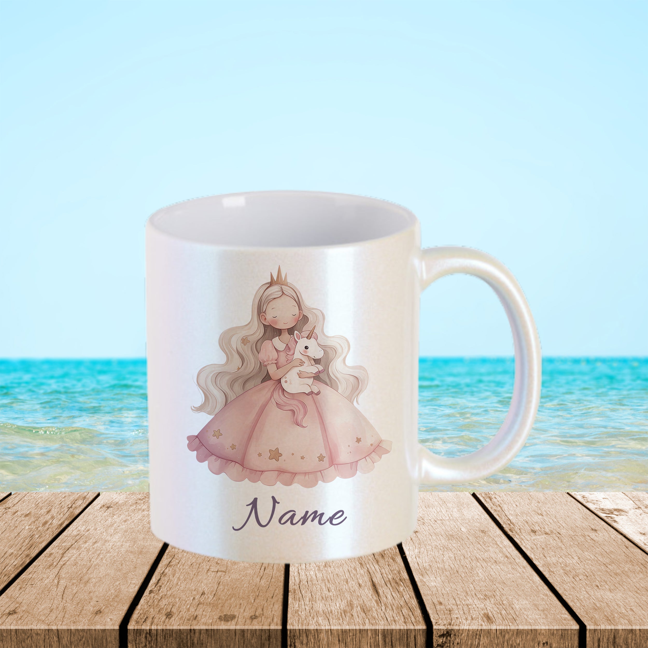 Tasse mit Prinzessin und Einhorn, rosa Design.