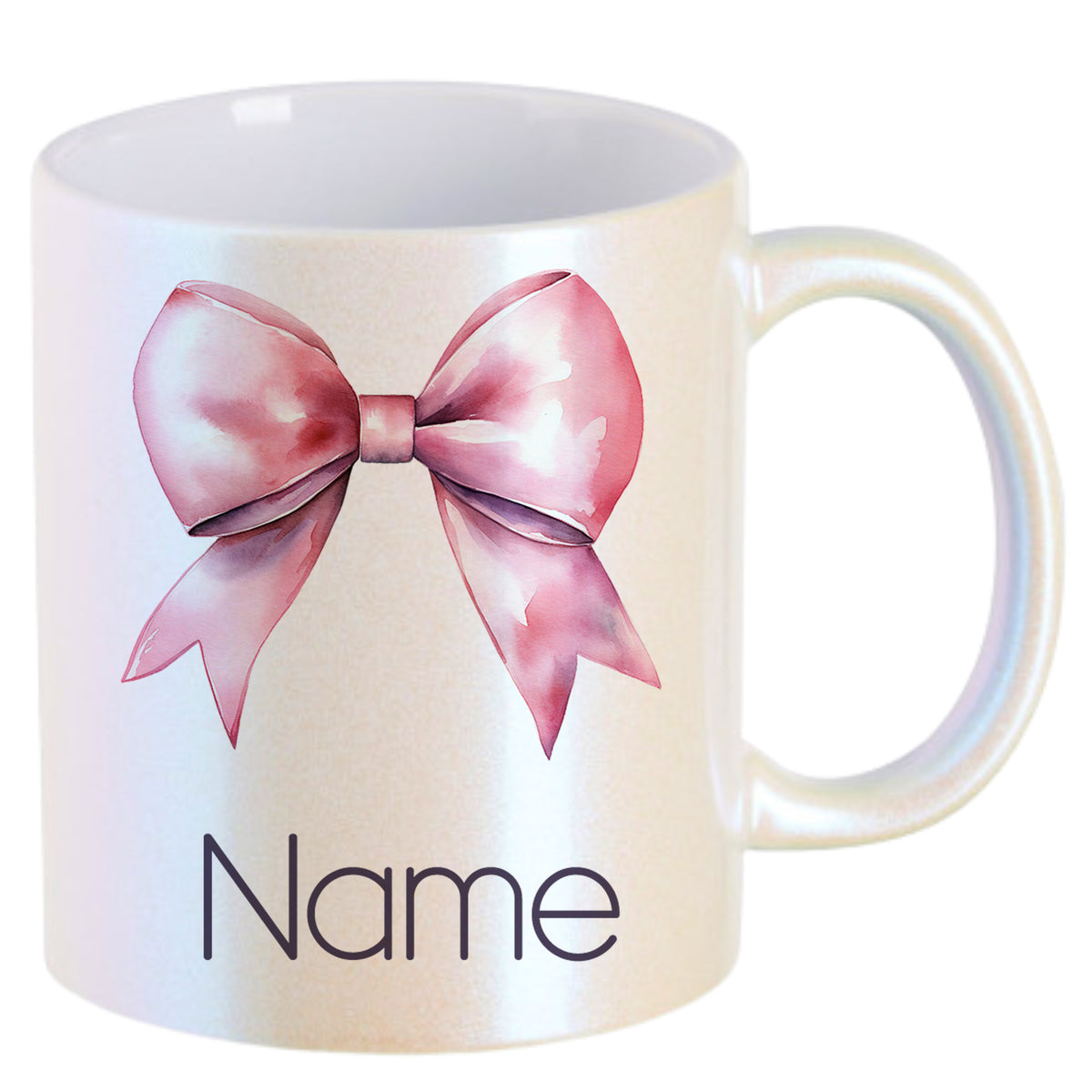 Helle Tasse mit rosa Schleife und personalisierbarem Namen.