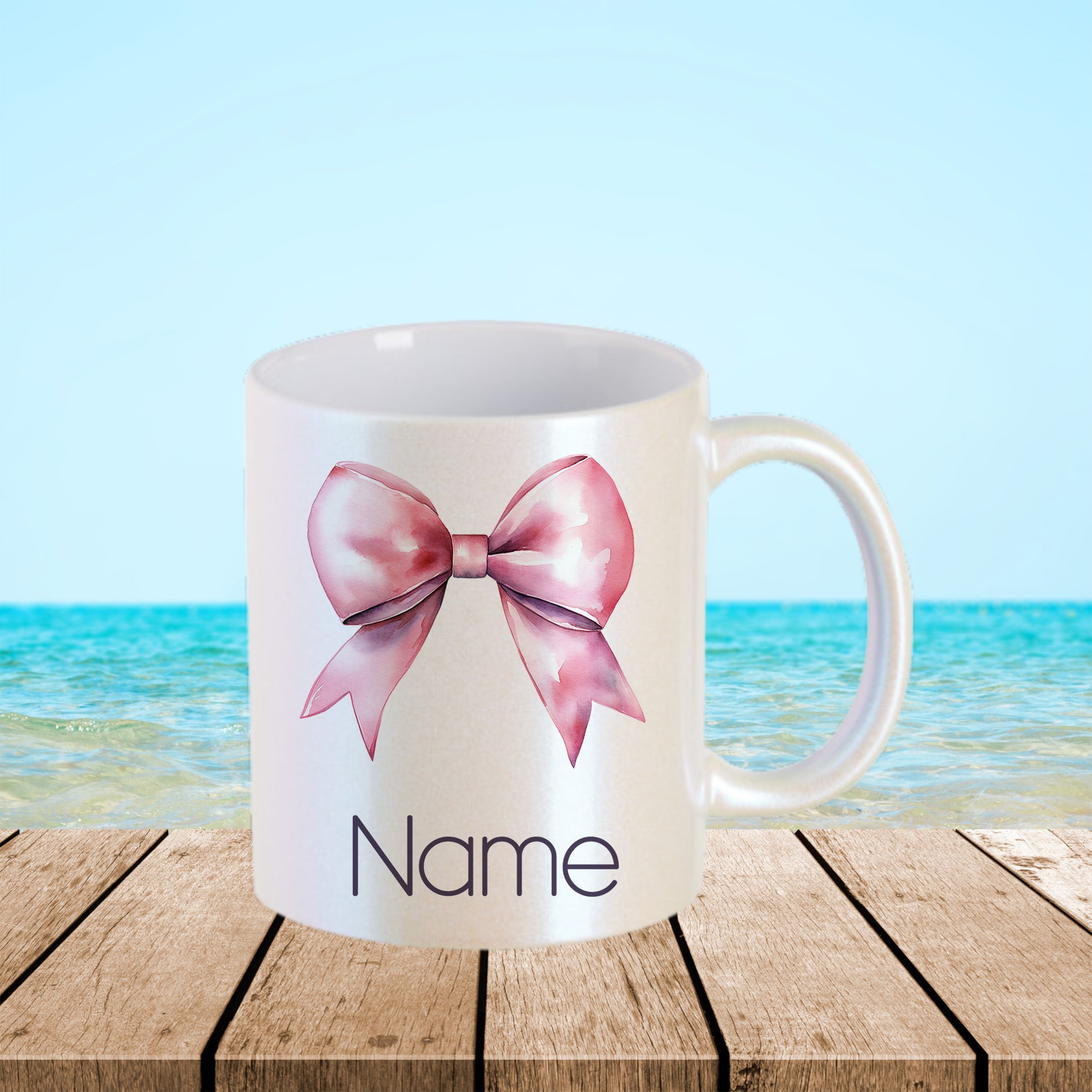 Tasse mit rosa Schleife und Platz für Namen