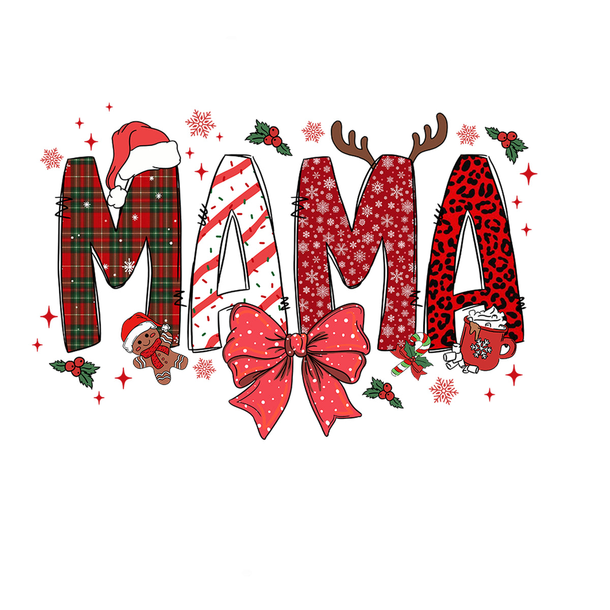 Weihnachtlicher "MAMA"-Schriftzug mit Rot- und Grüntönen.