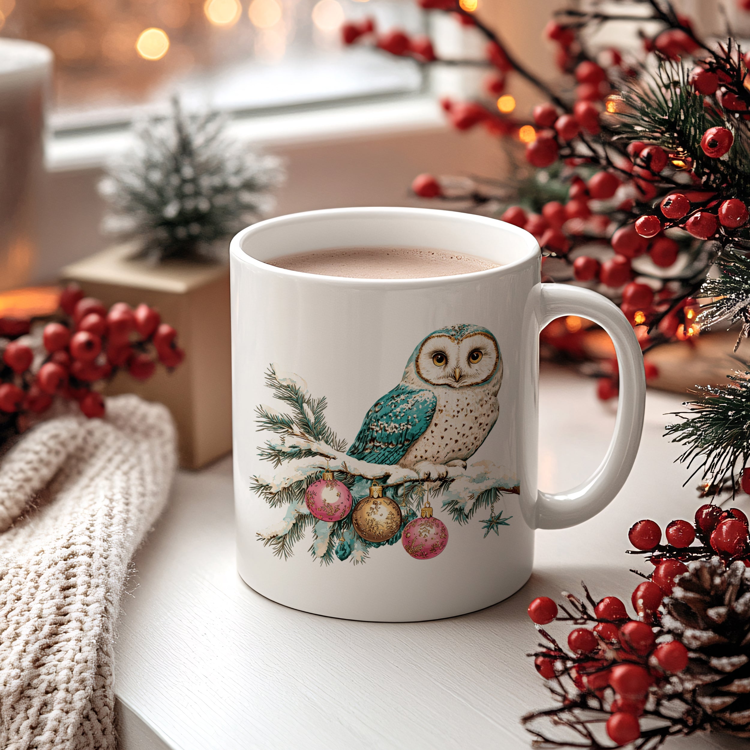 Weißer Becher mit Eule und Weihnachtskugeln, winterliche Dekoration.