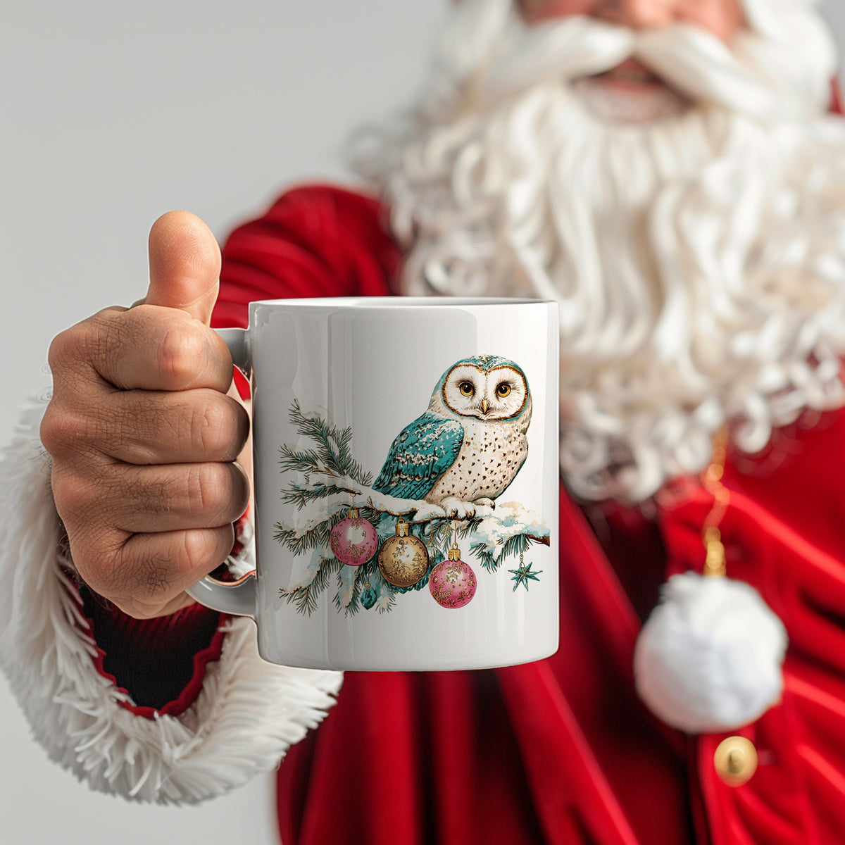 Tasse mit Eule und Weihnachtskugeln, weiß.
