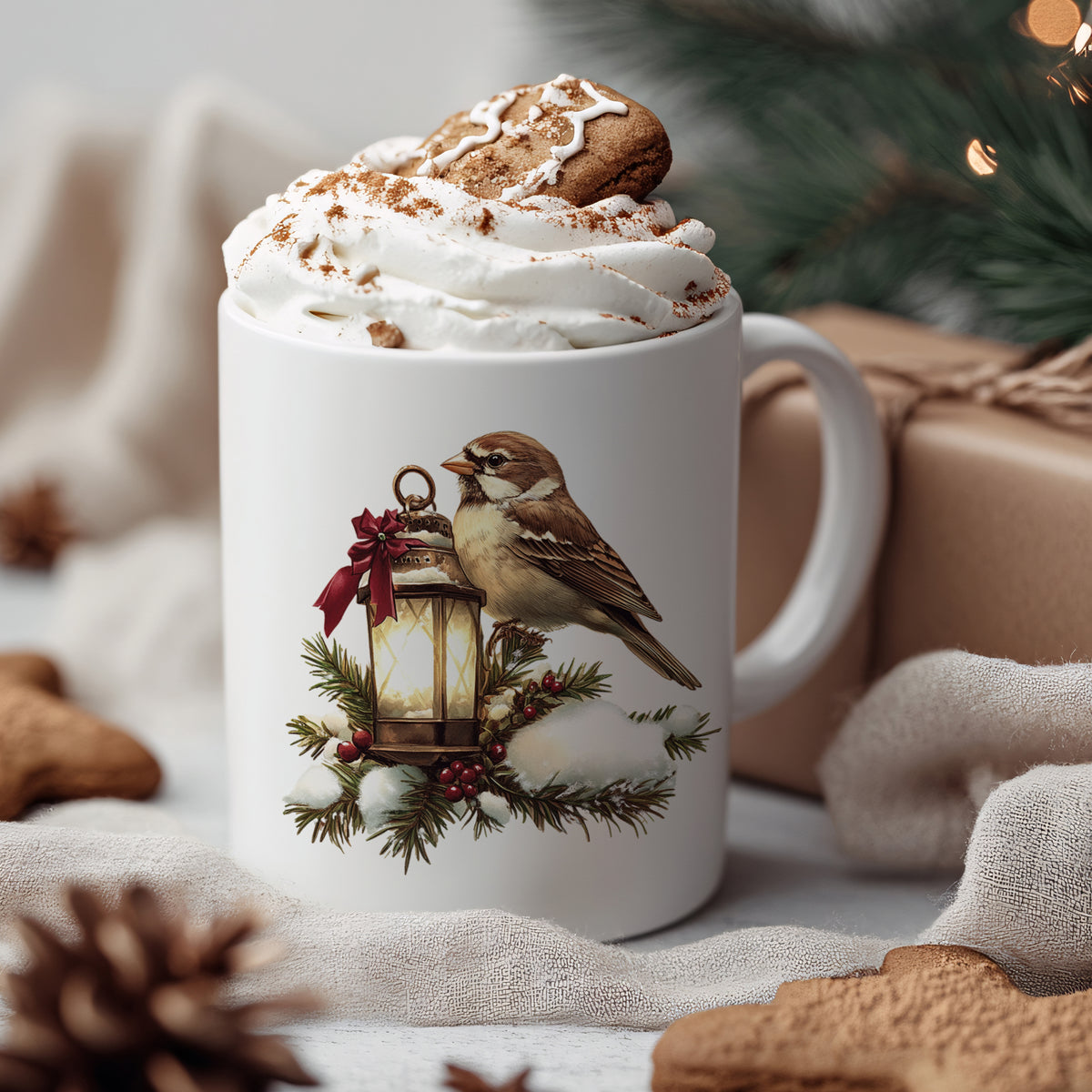 Weißer Becher mit Vogel, Laterne und Weihnachtsdekoration.