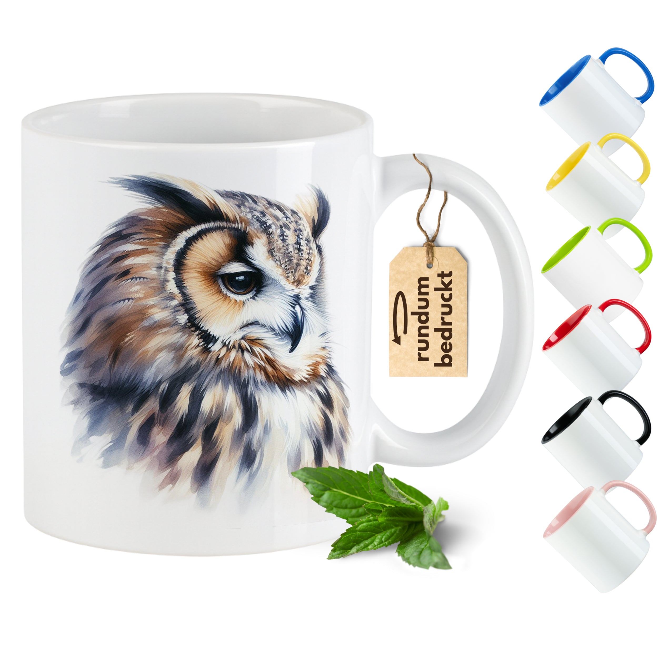 Kaffeetasse mit Eulenmotiv, weiß, farbige Henkel.