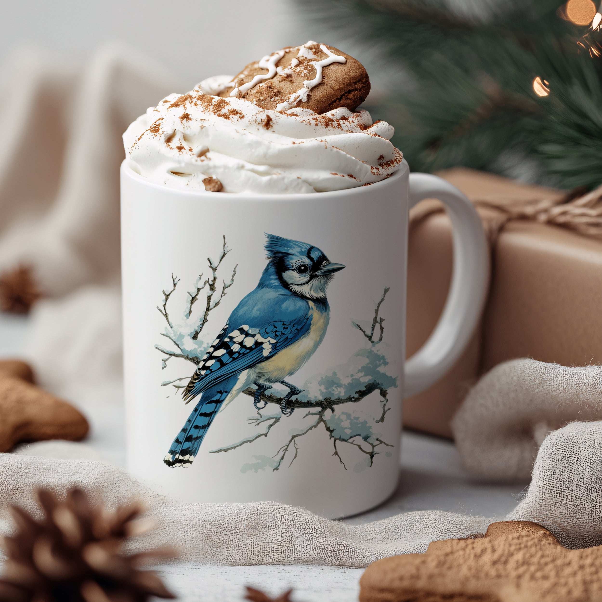 Tasse mit blauem Vogel, Sahne und Lebkuchen.