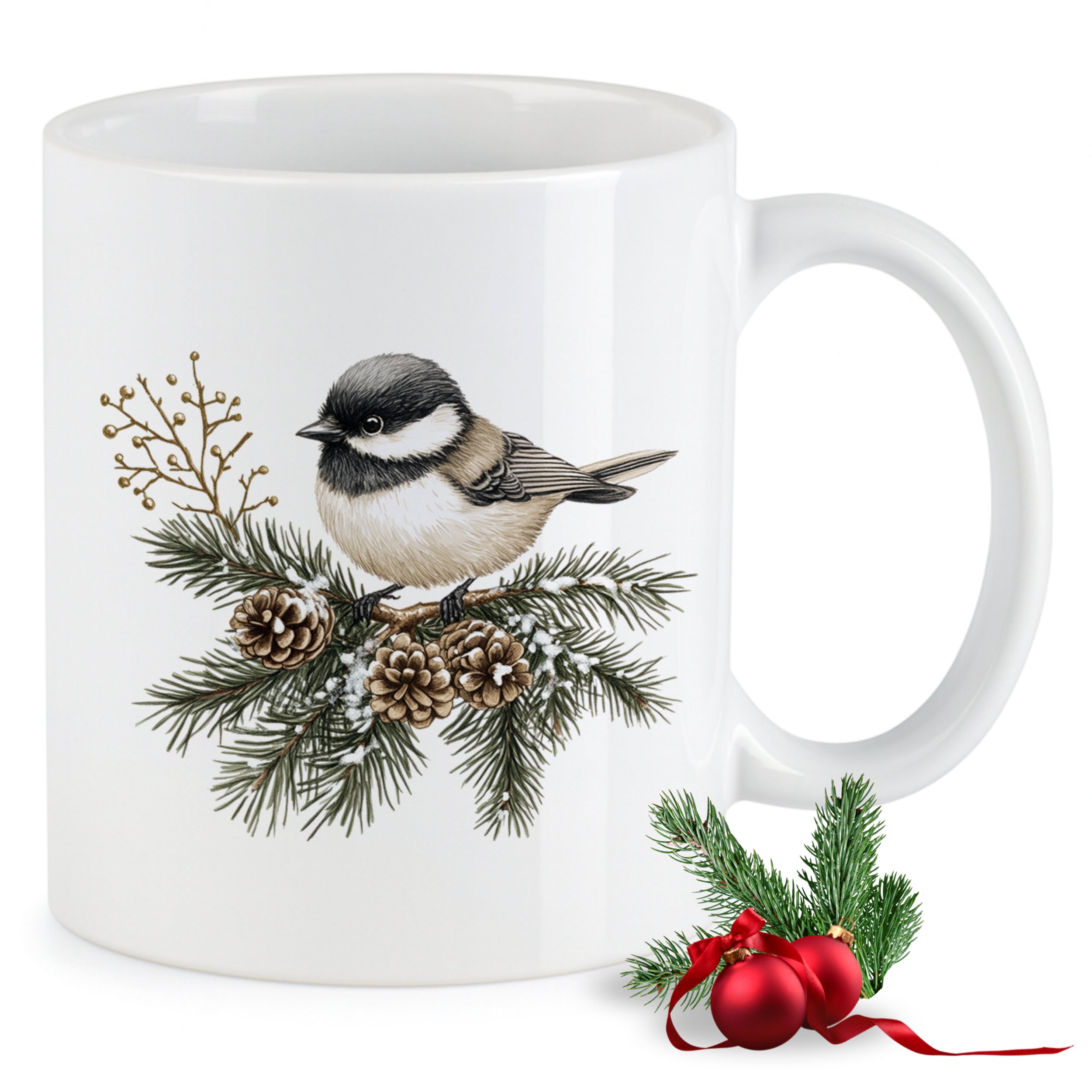Weiße Tasse mit Kohlmeise, Tannenzweigen und Zapfen.